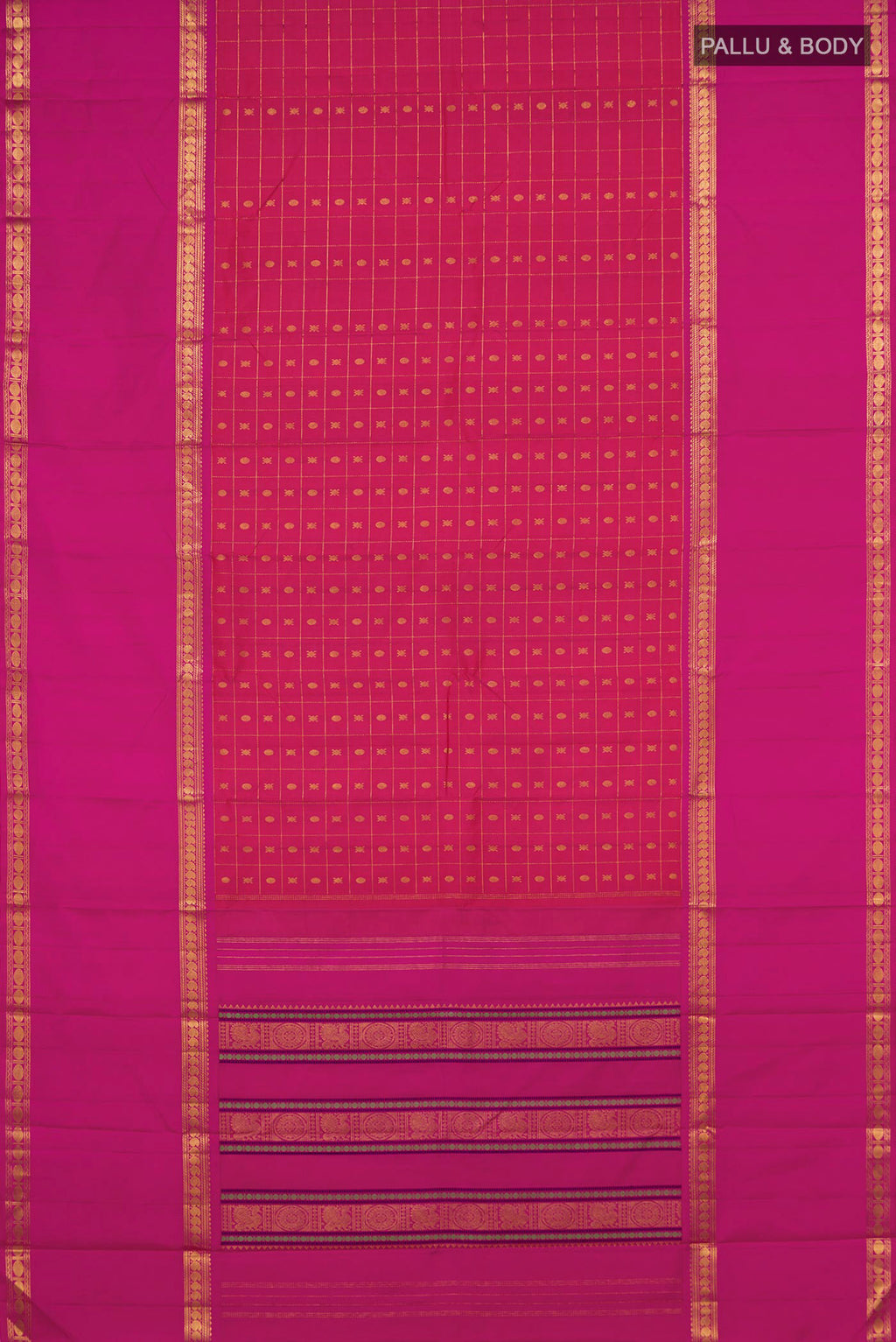 Flat view of Pink Kanjivaram Silk Saree with Checked design on the body and Zari Border. 