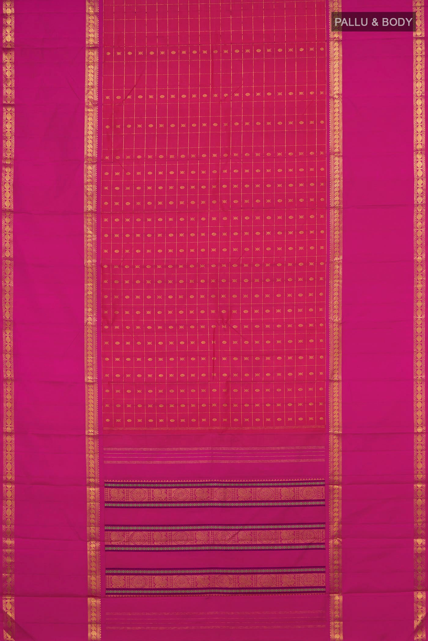Flat view of Pink Kanjivaram Silk Saree with Checked design on the body and Zari Border. 