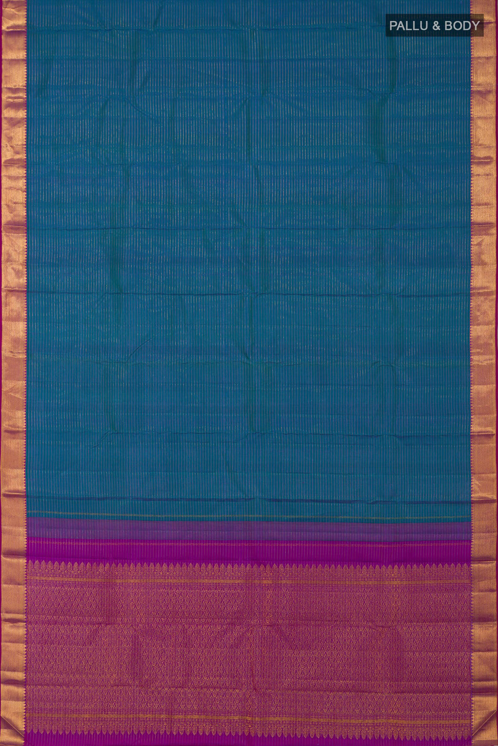 Flat view of Blue Kanchipuram Silk Saree with Stripes on the body and Zari Border. 