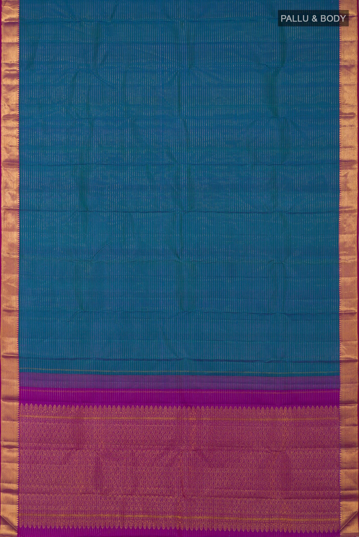 Flat view of Blue Kanchipuram Silk Saree with Stripes on the body and Zari Border. 