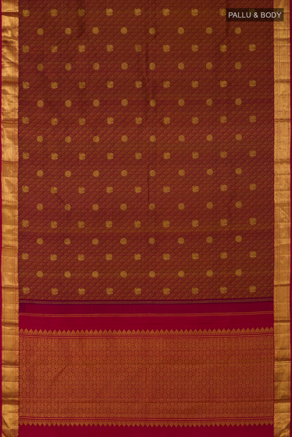 Flat view of Pure Silk Pure Zari Purple Kanjivaram Saree with Jacquard With Zari Butta on the body and Zari Border. 