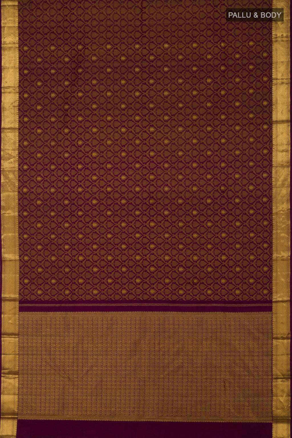 Flat view of Pure Silk Pure Zari Purple Kanjivaram Saree with Jacquard With Zari Butta on the body and Zari Border. 