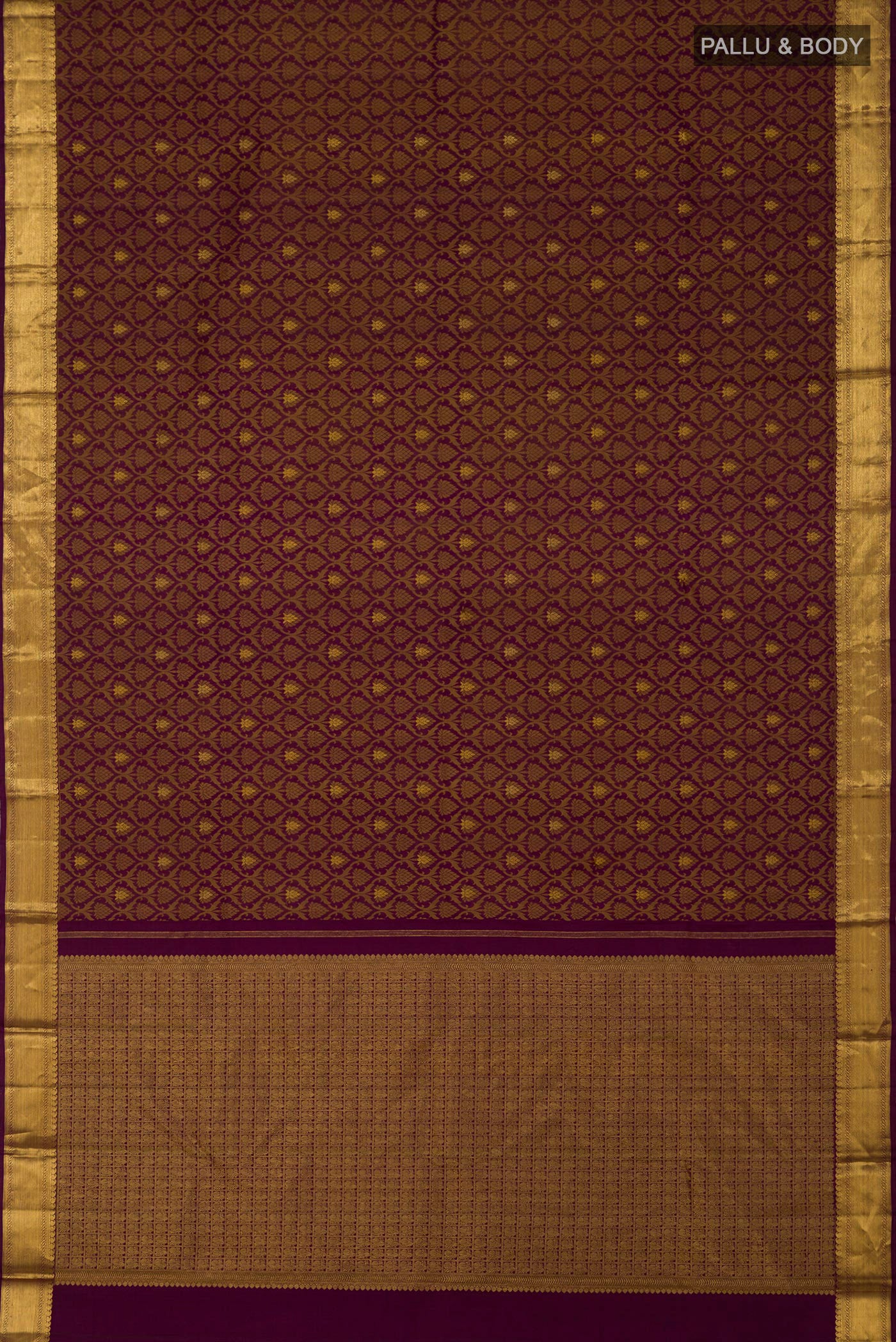 Flat view of Pure Silk Pure Zari Purple Kanjivaram Saree with Jacquard With Zari Butta on the body and Zari Border. 