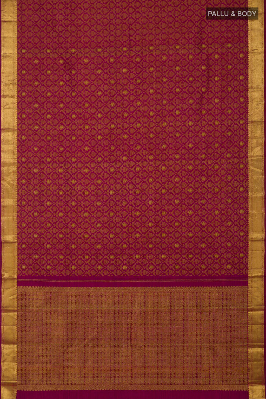 Flat view of Maroon Kanjivaram Silk Saree with Jacquard With Zari Butta on the body and Zari Border. 