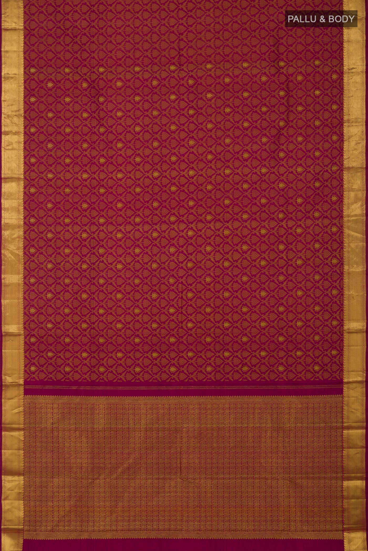Flat view of Maroon Kanjivaram Silk Saree with Jacquard With Zari Butta on the body and Zari Border. 