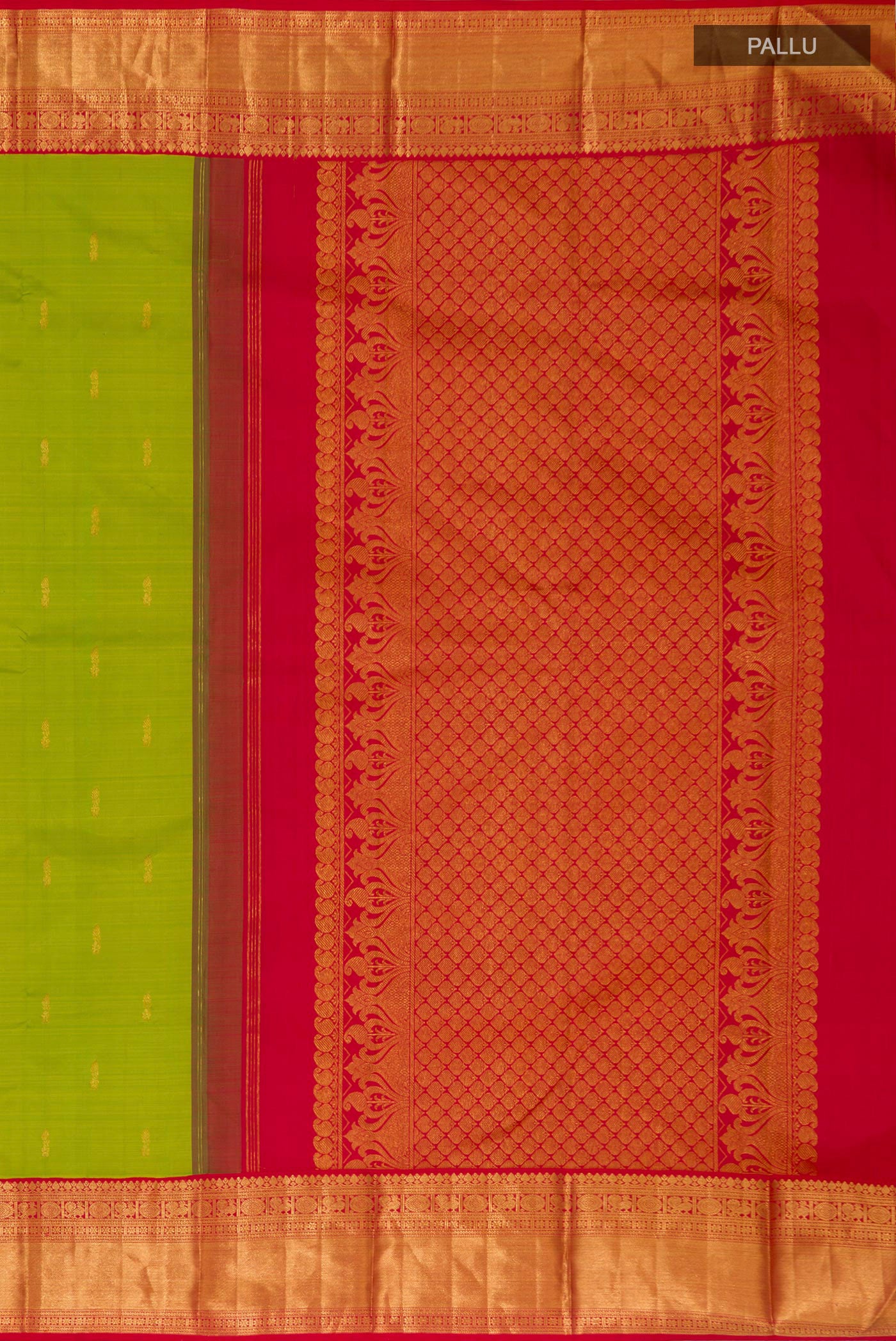 Close up image of the pallu of Green Kanjivaram Saree with Zari Butta on the body and Zari Border. 