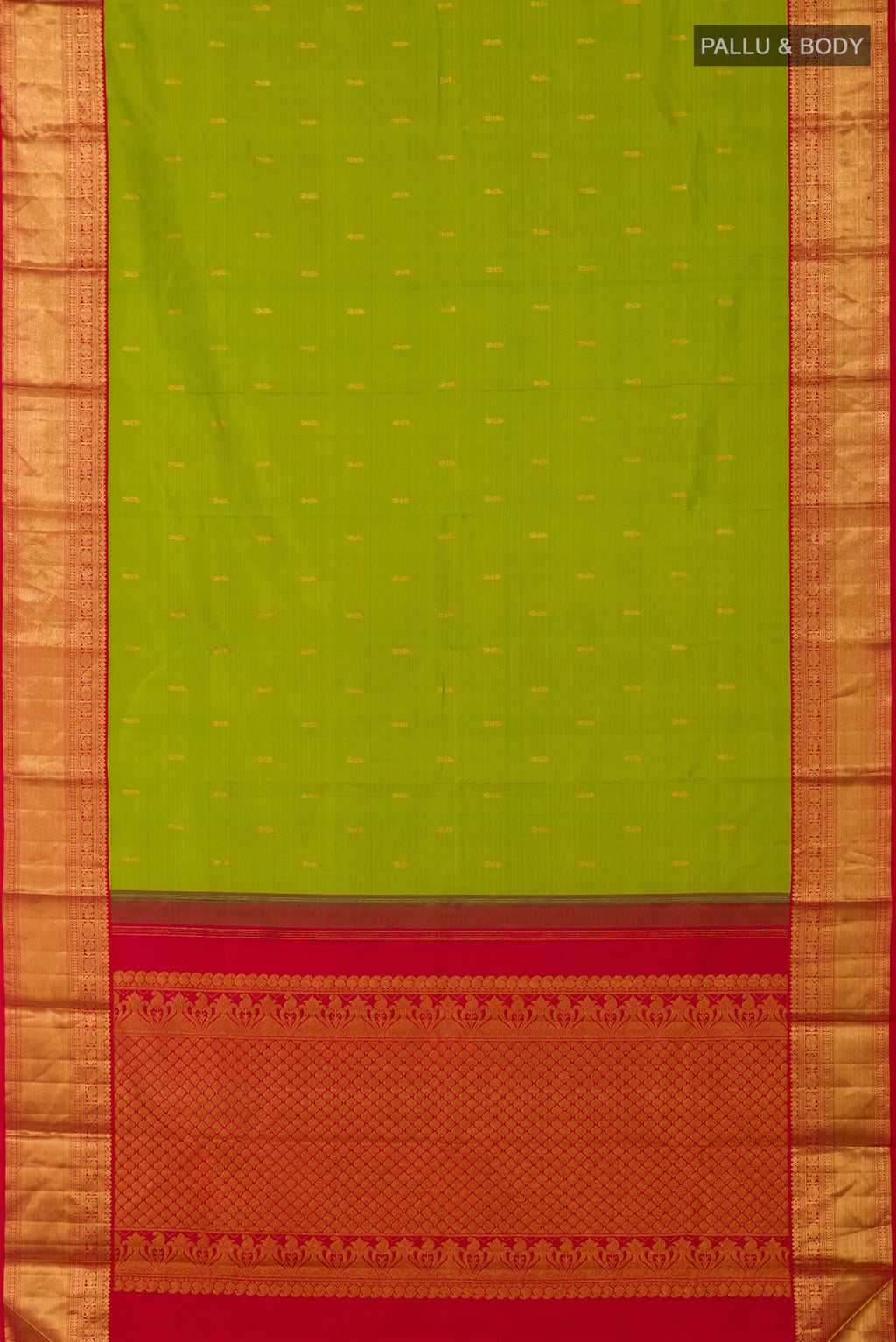 Flat view of Green Kanjivaram Saree with Zari Butta on the body and Zari Border. 