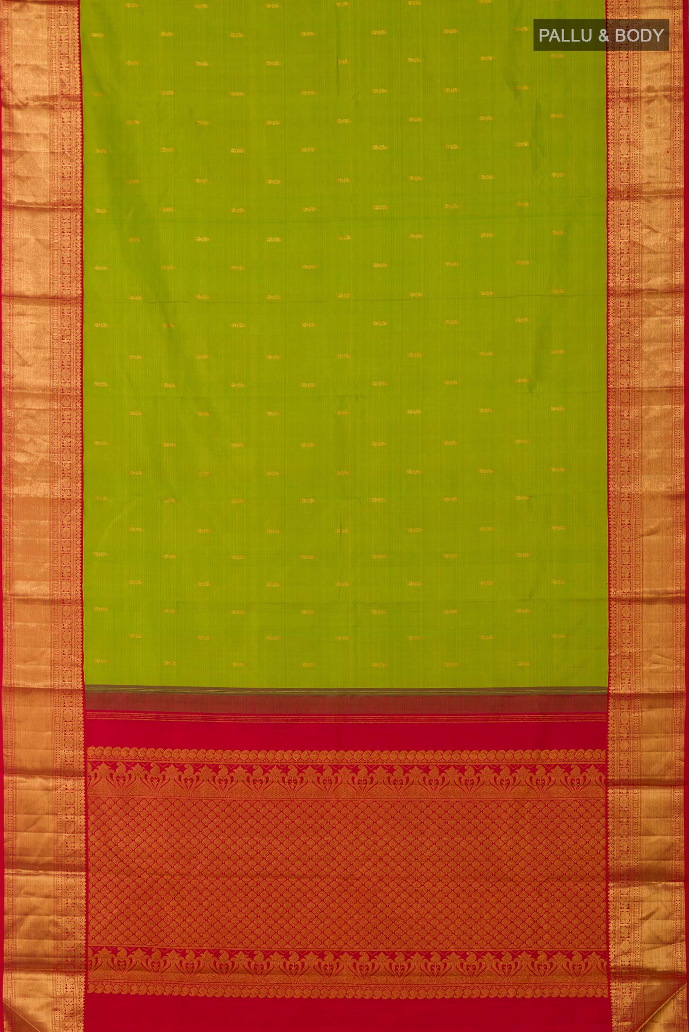 Flat view of Green Kanjivaram Saree with Zari Butta on the body and Zari Border. 