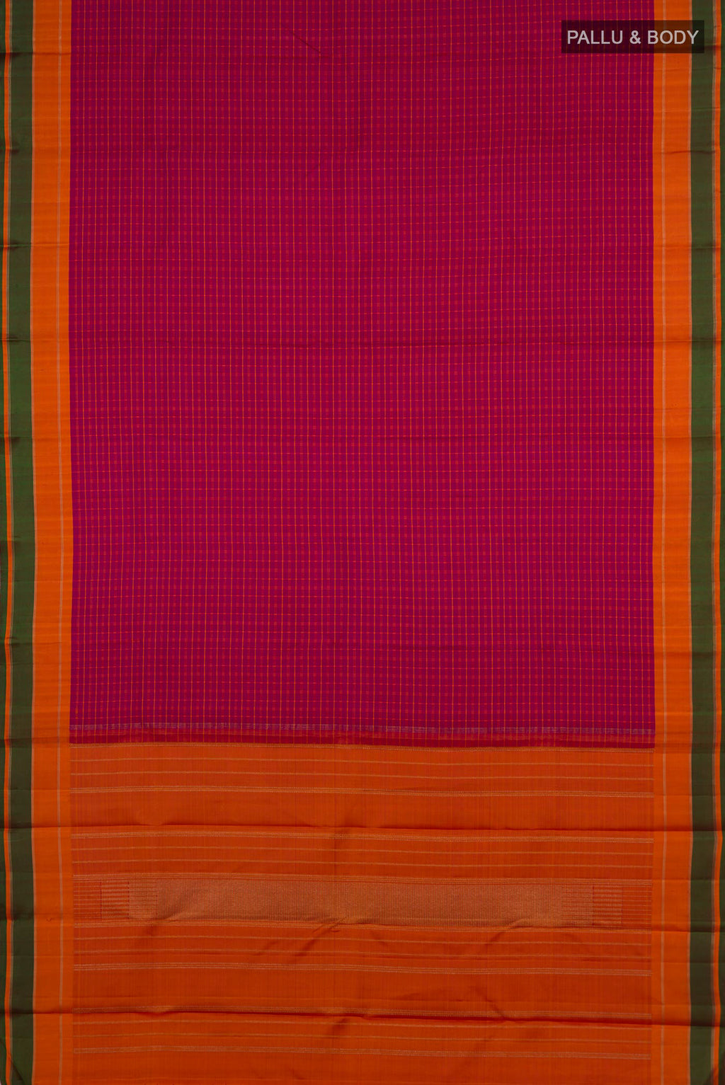 Flat view of Pure Silk Pure Zari Pink Kanjivaram Saree with Checked design on the body and Plain Border. 