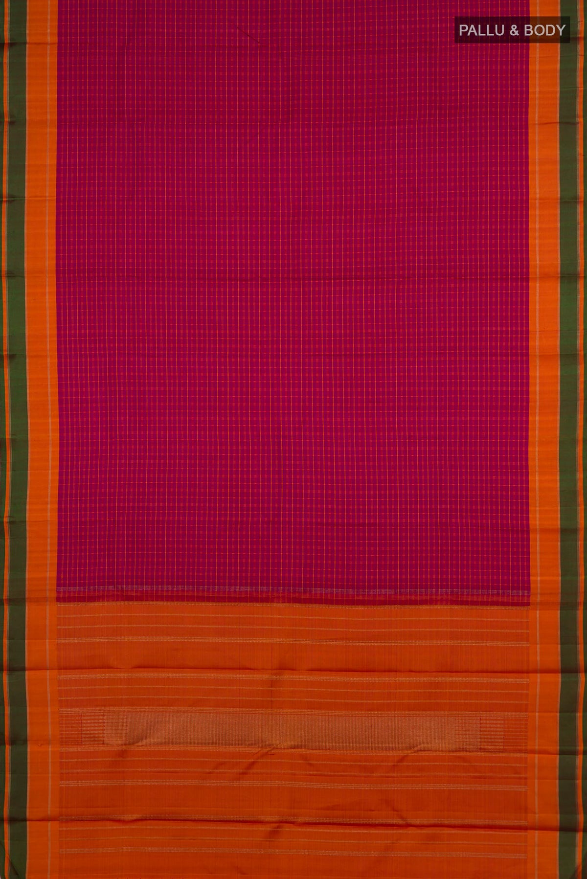 Flat view of Pure Silk Pure Zari Pink Kanjivaram Saree with Checked design on the body and Plain Border. 