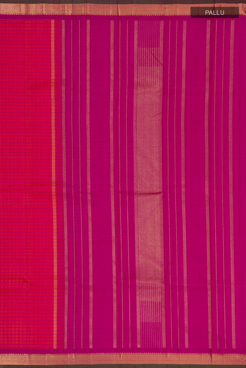 Close up image of the pallu of Pink Dual Tone Kanjivaram Silk Saree with Checked design on the body and Zari Border. 