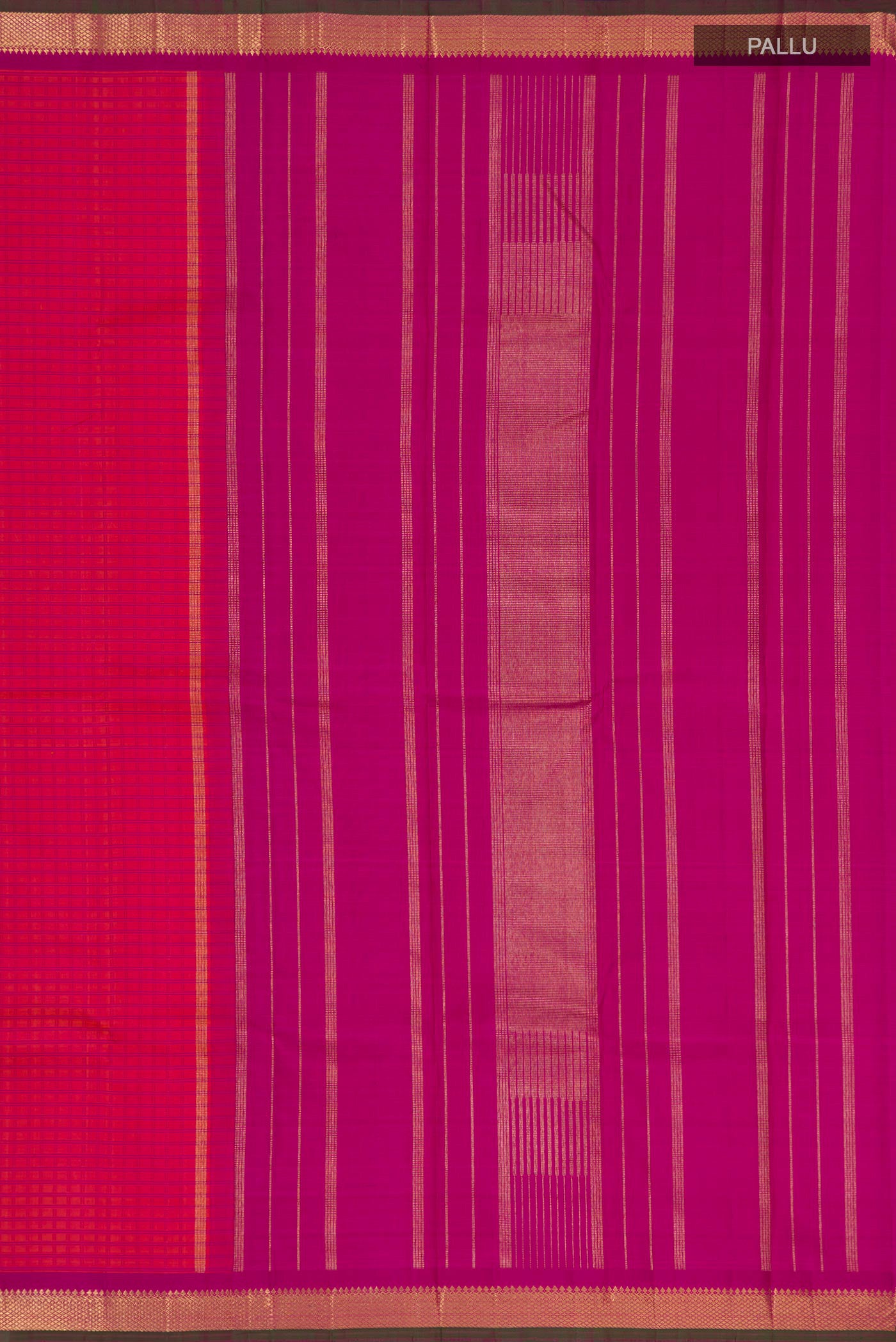 Close up image of the pallu of Pink Dual Tone Kanjivaram Silk Saree with Checked design on the body and Zari Border. 
