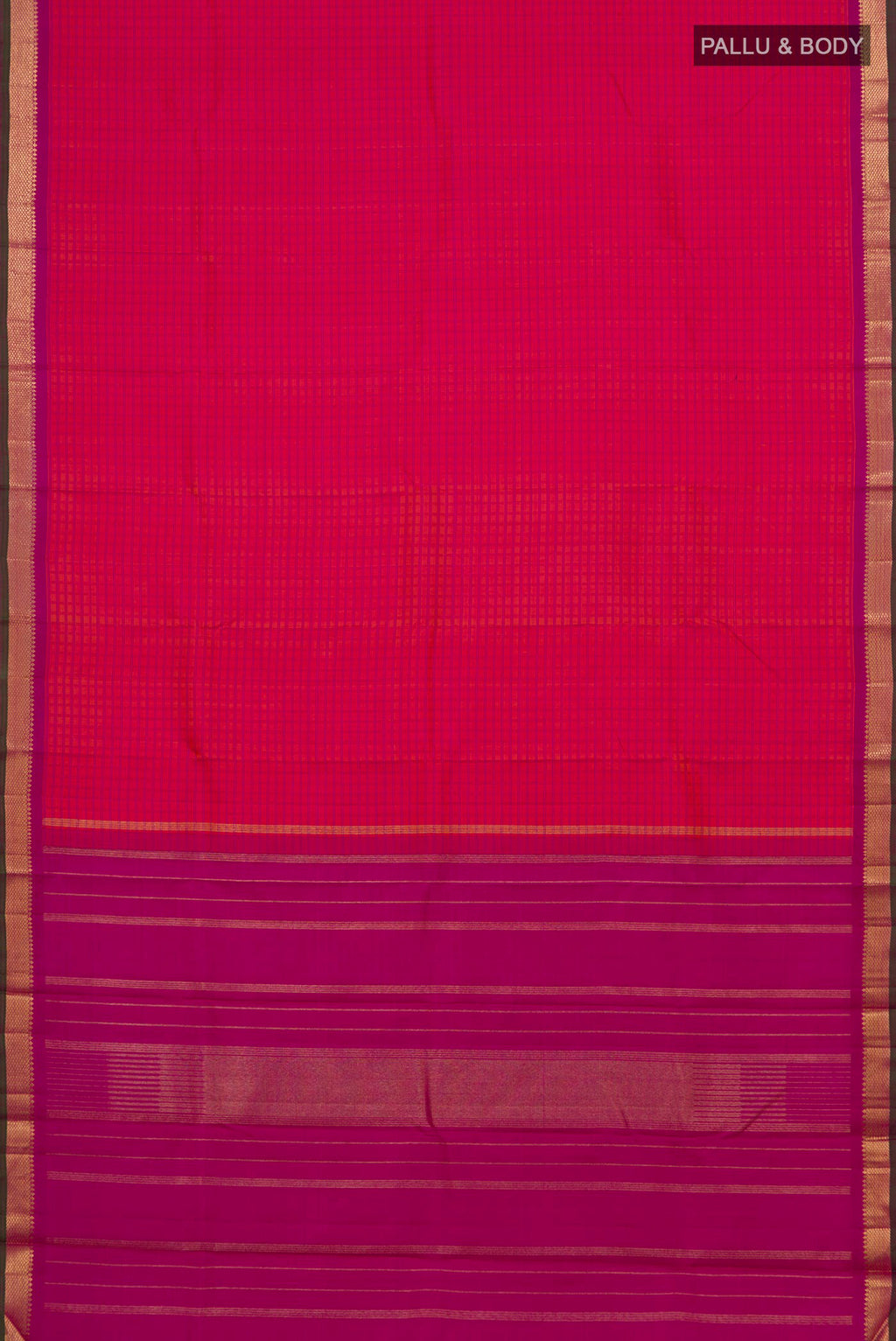 Flat view of Pink Dual Tone Kanjivaram Silk Saree with Checked design on the body and Zari Border. 