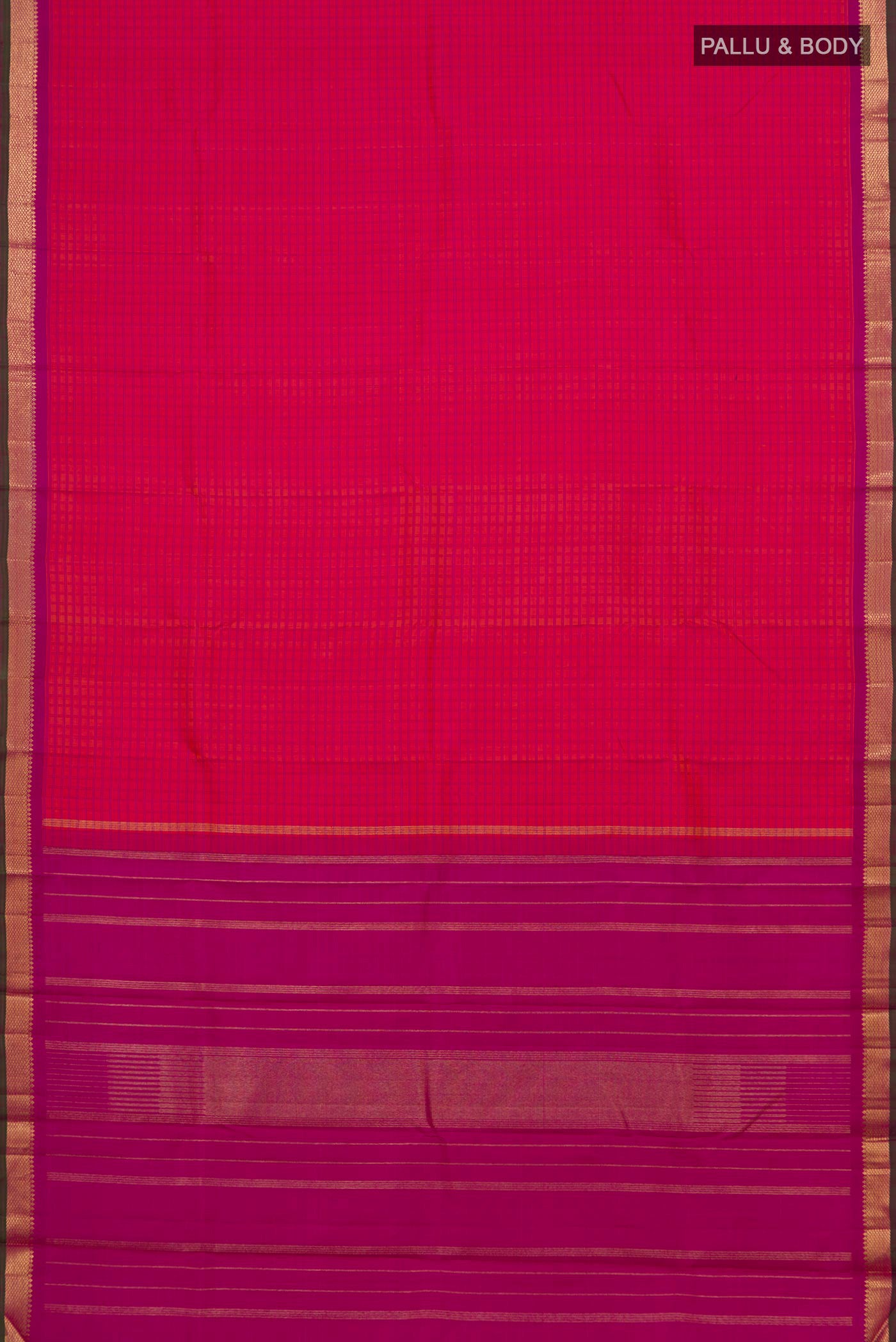 Flat view of Pink Dual Tone Kanjivaram Silk Saree with Checked design on the body and Zari Border. 
