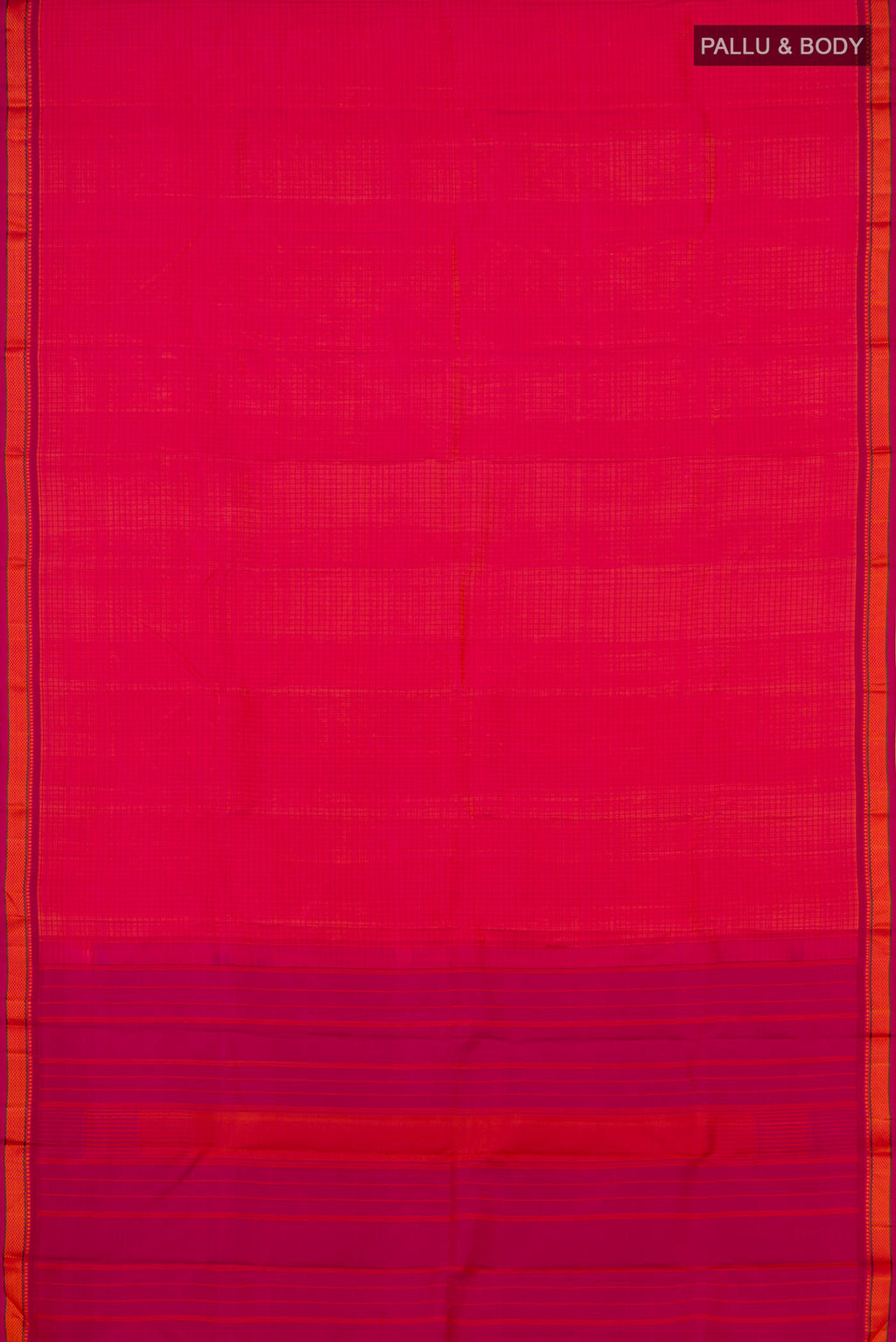Flat view of Orange Dual Tone Kanjivaram Silk Saree with Thread Brocade on the body and Thread Border. 