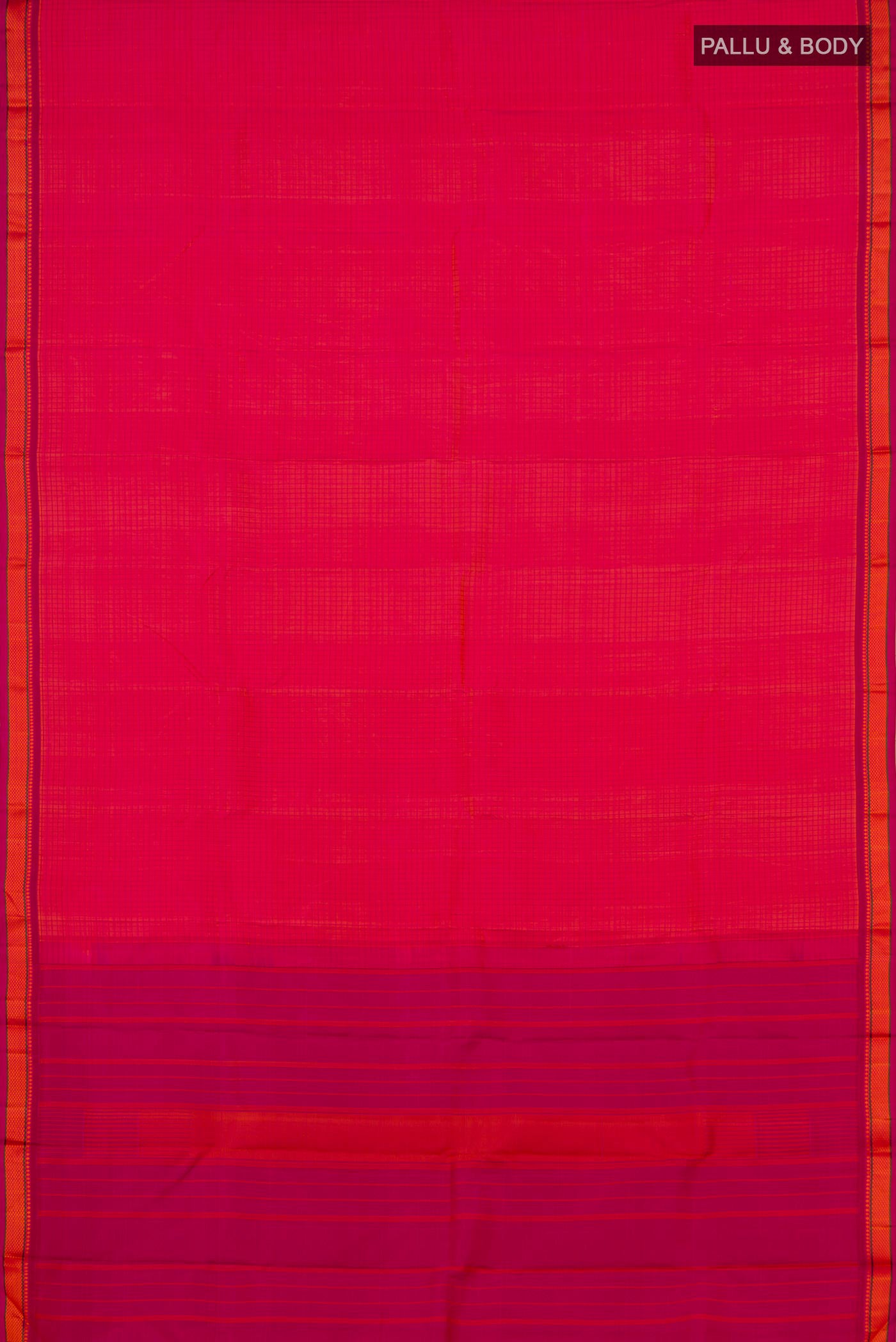 Flat view of Orange Dual Tone Kanjivaram Silk Saree with Thread Brocade on the body and Thread Border. 