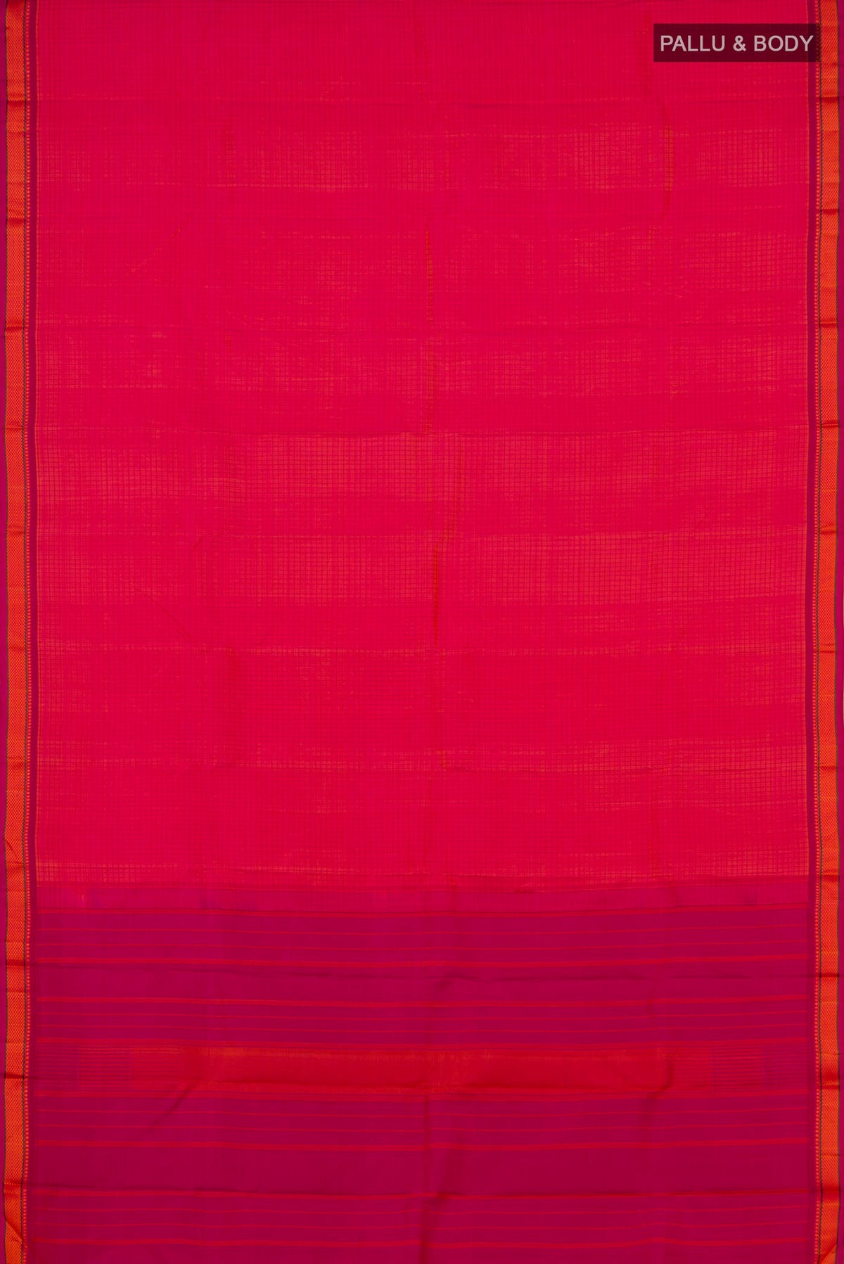 Flat view of Orange Dual Tone Kanjivaram Silk Saree with Thread Brocade on the body and Thread Border. 