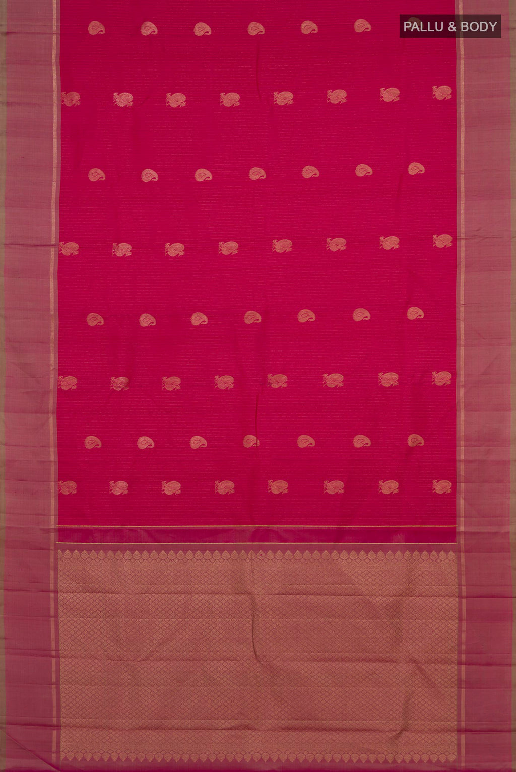Flat view of Pure Silk Pink Kanjivaram Saree with Zari Butta on the body and Thin Zari Line. 