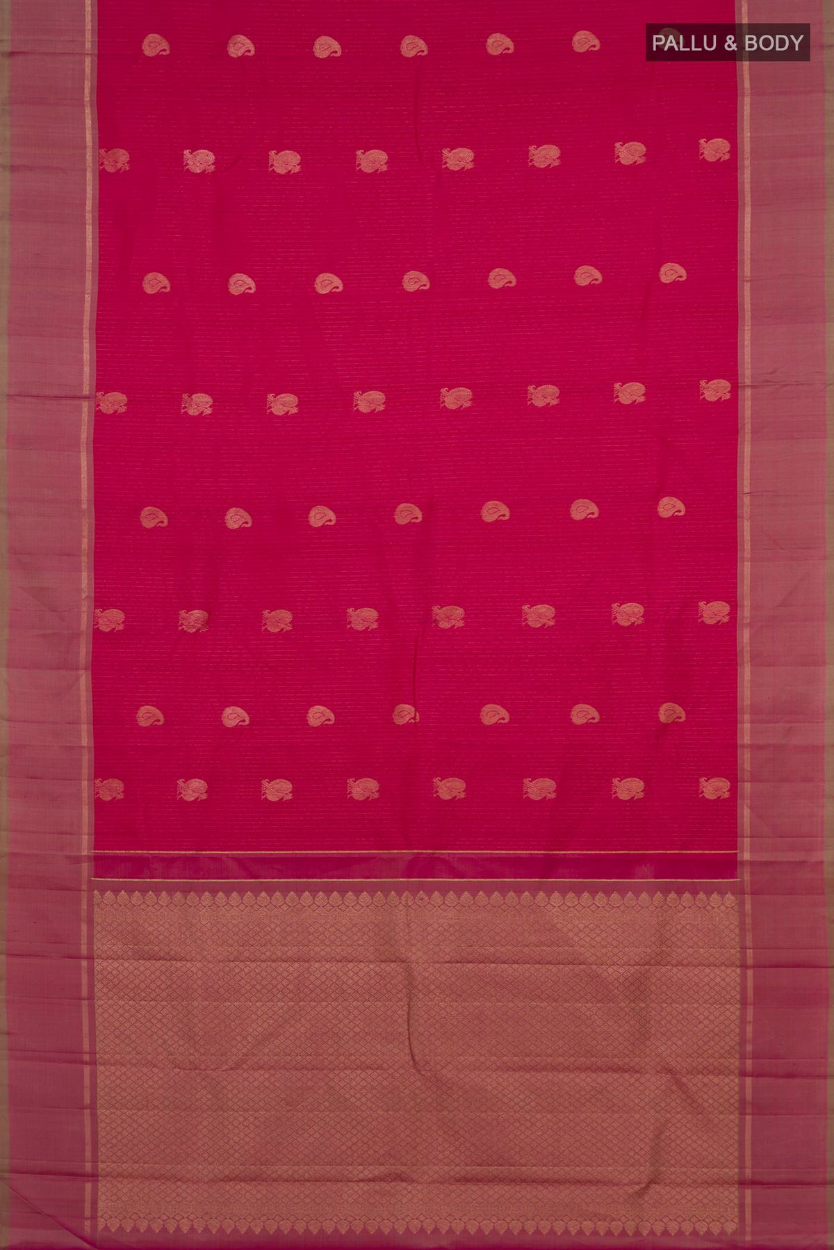 Flat view of Pure Silk Pink Kanjivaram Saree with Zari Butta on the body and Thin Zari Line. 
