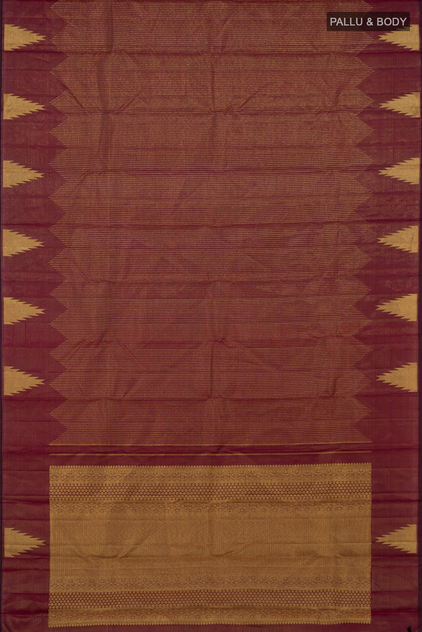 Flat view of Maroon Kanjivaram Silk Saree with Zari Brocade on the body and Temple Border. 