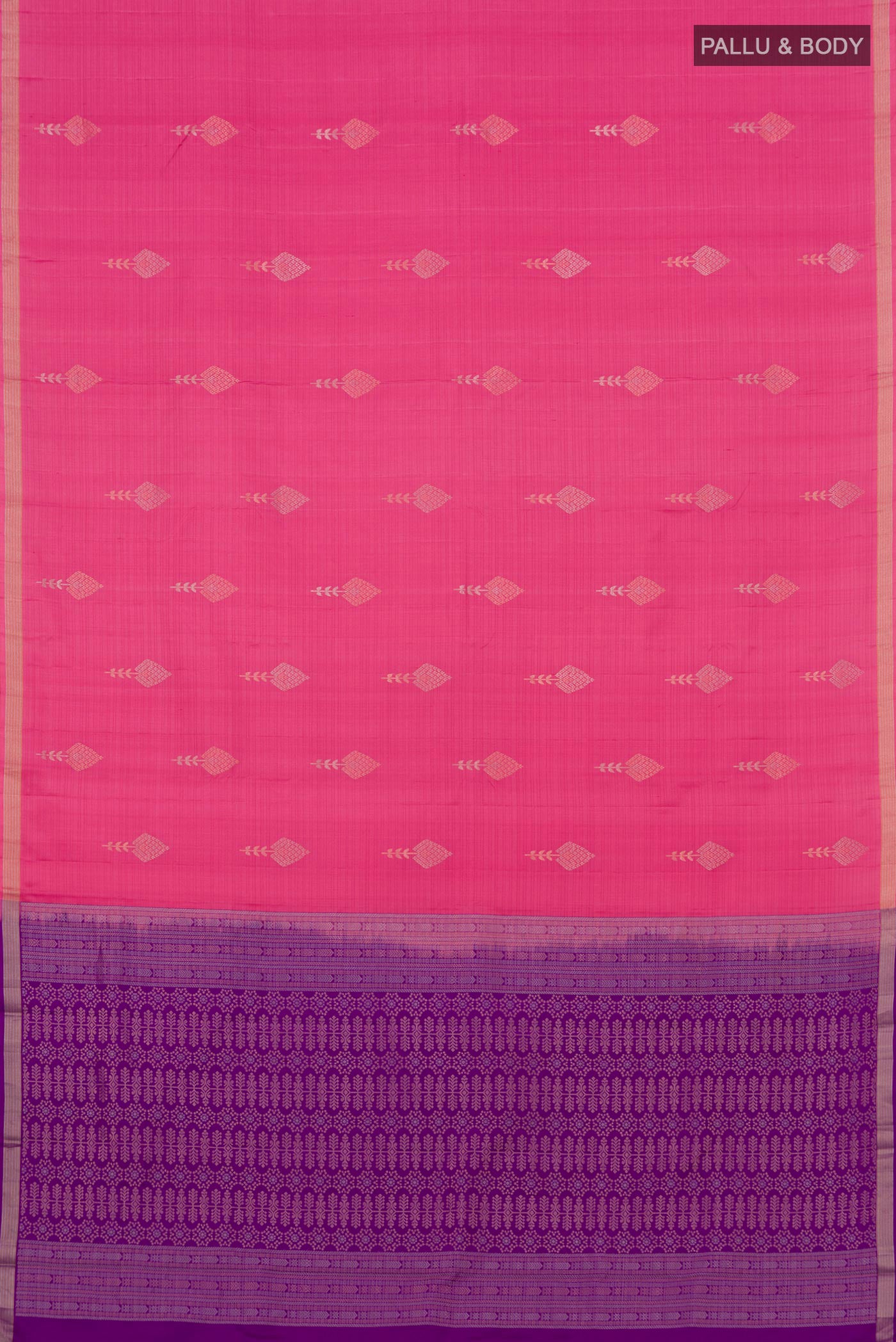 Flat view of Pink Kanjivaram Silk Saree with Zari Butta on the body and Zari Border. 