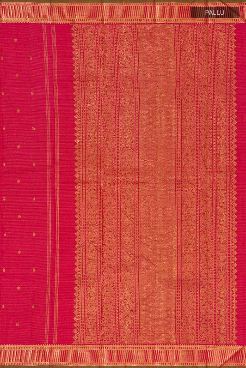 Close up image of the pallu of Pure Silk Pure Zari Pink Kanjivaram Saree with Stripes on the body and Zari Border. 