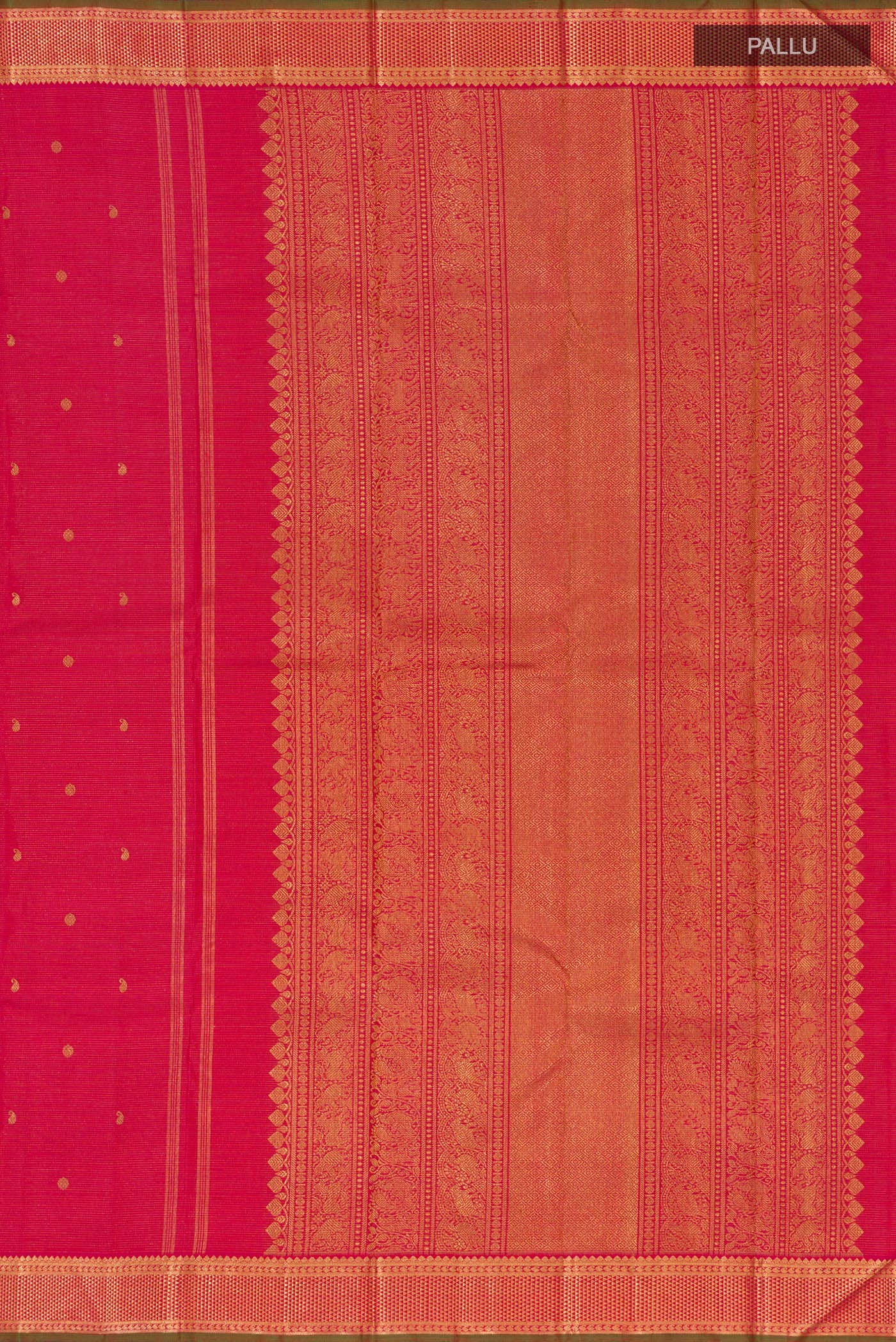 Close up image of the pallu of Pure Silk Pure Zari Pink Kanjivaram Saree with Stripes on the body and Zari Border. 