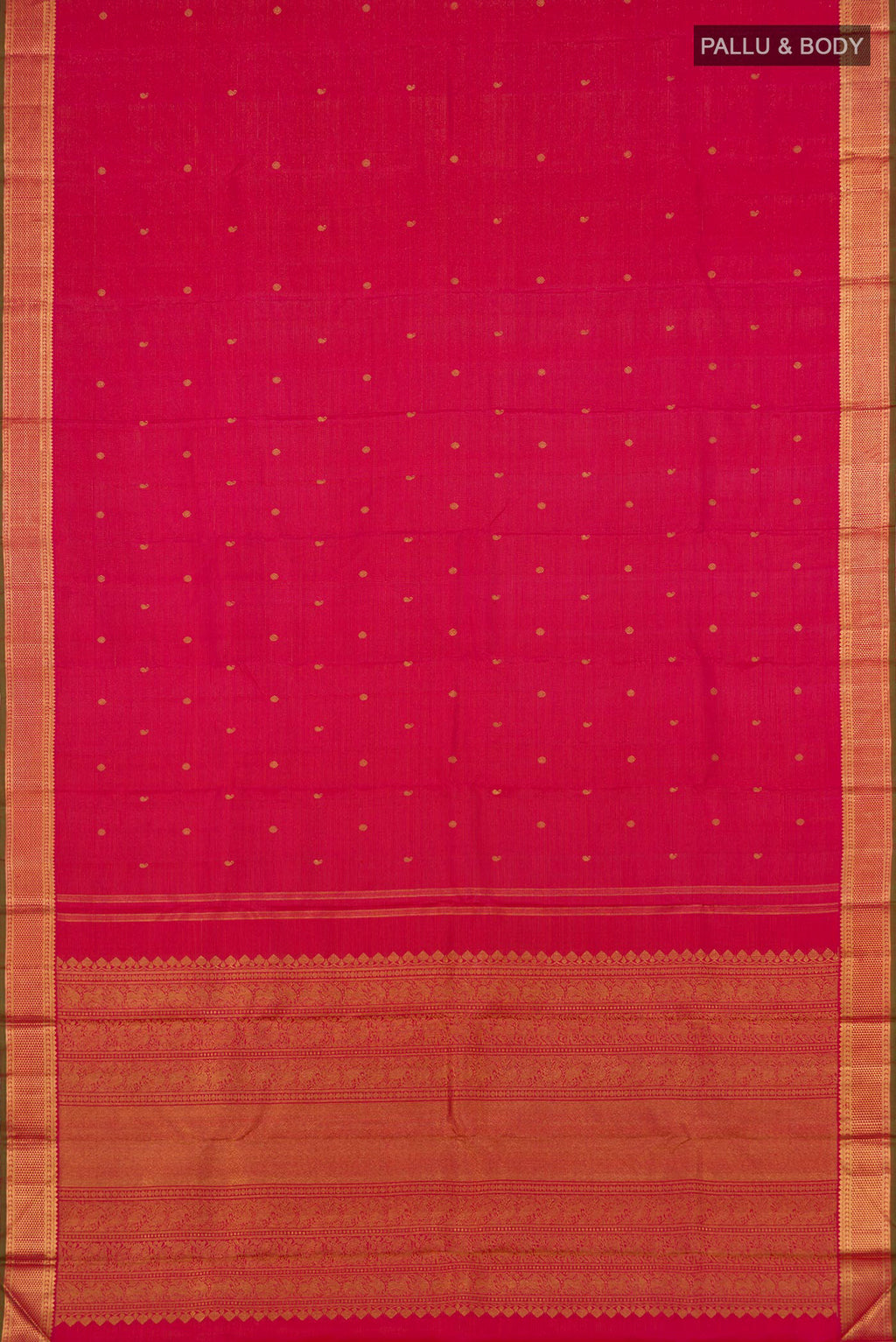 Flat view of Pure Silk Pure Zari Pink Kanjivaram Saree with Stripes on the body and Zari Border. 
