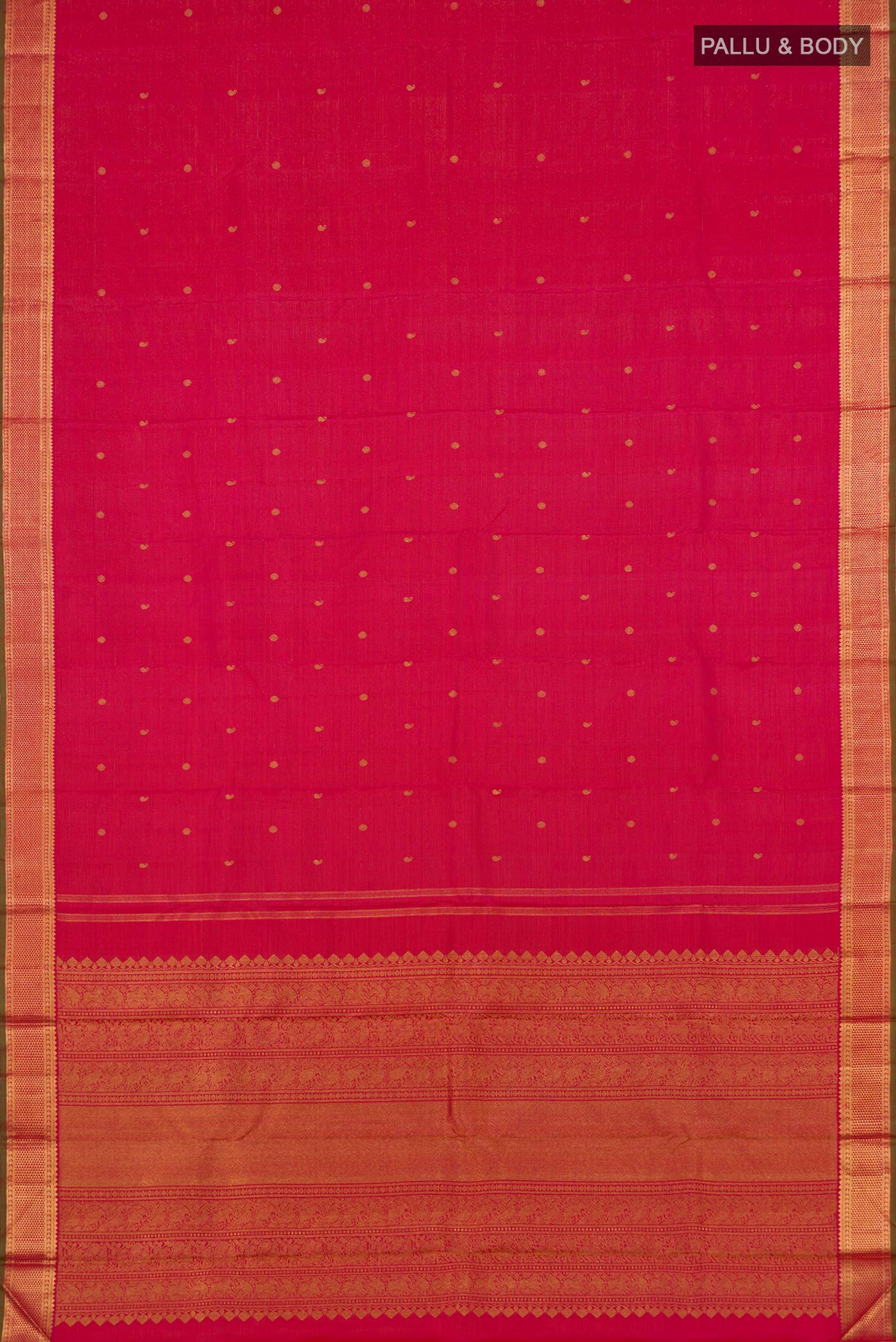 Flat view of Pure Silk Pure Zari Pink Kanjivaram Saree with Stripes on the body and Zari Border. 