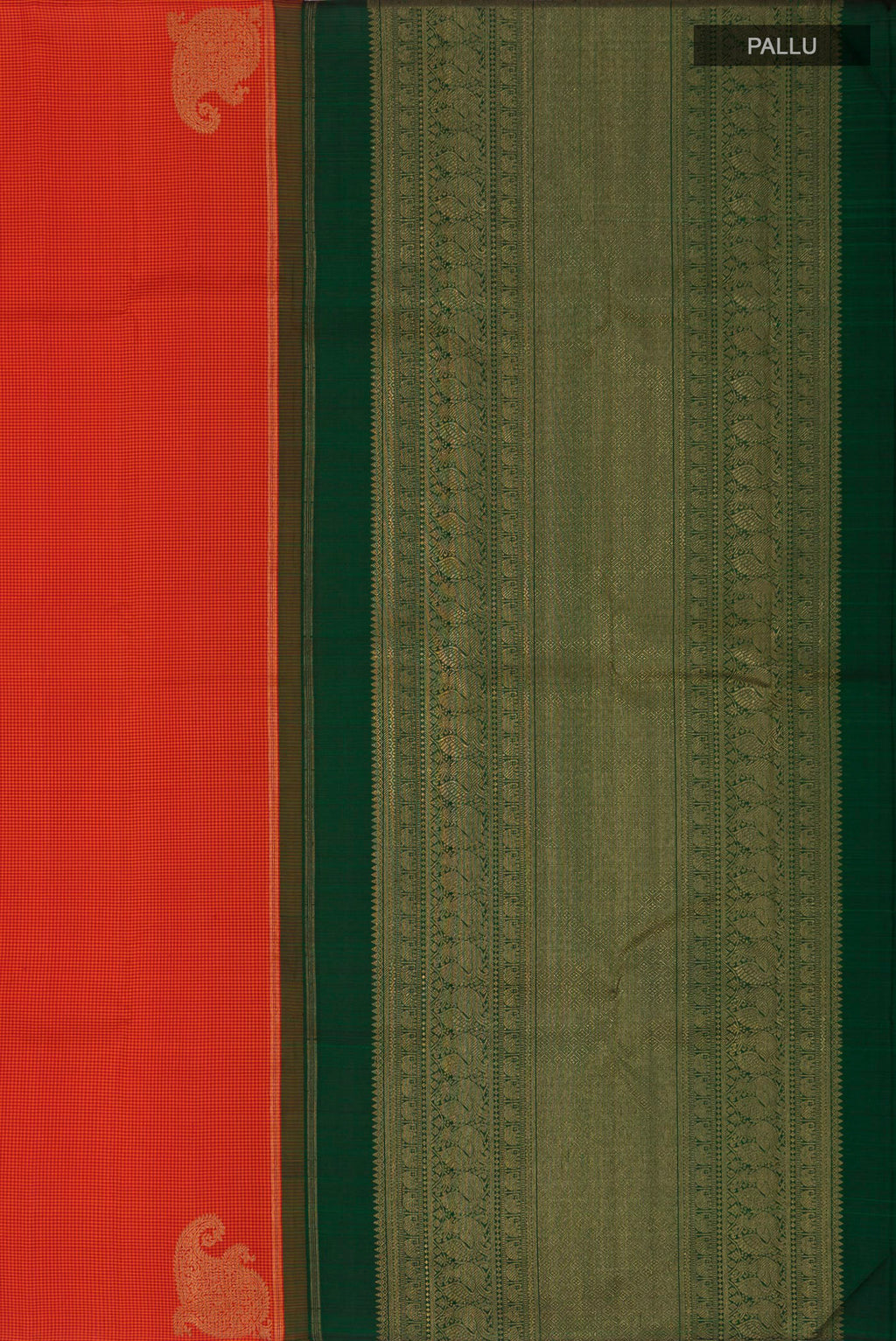 Close up image of the pallu of Pure Silk Pure Zari Orange Kanchipuram Saree with Checked design on the body and Without Border. 