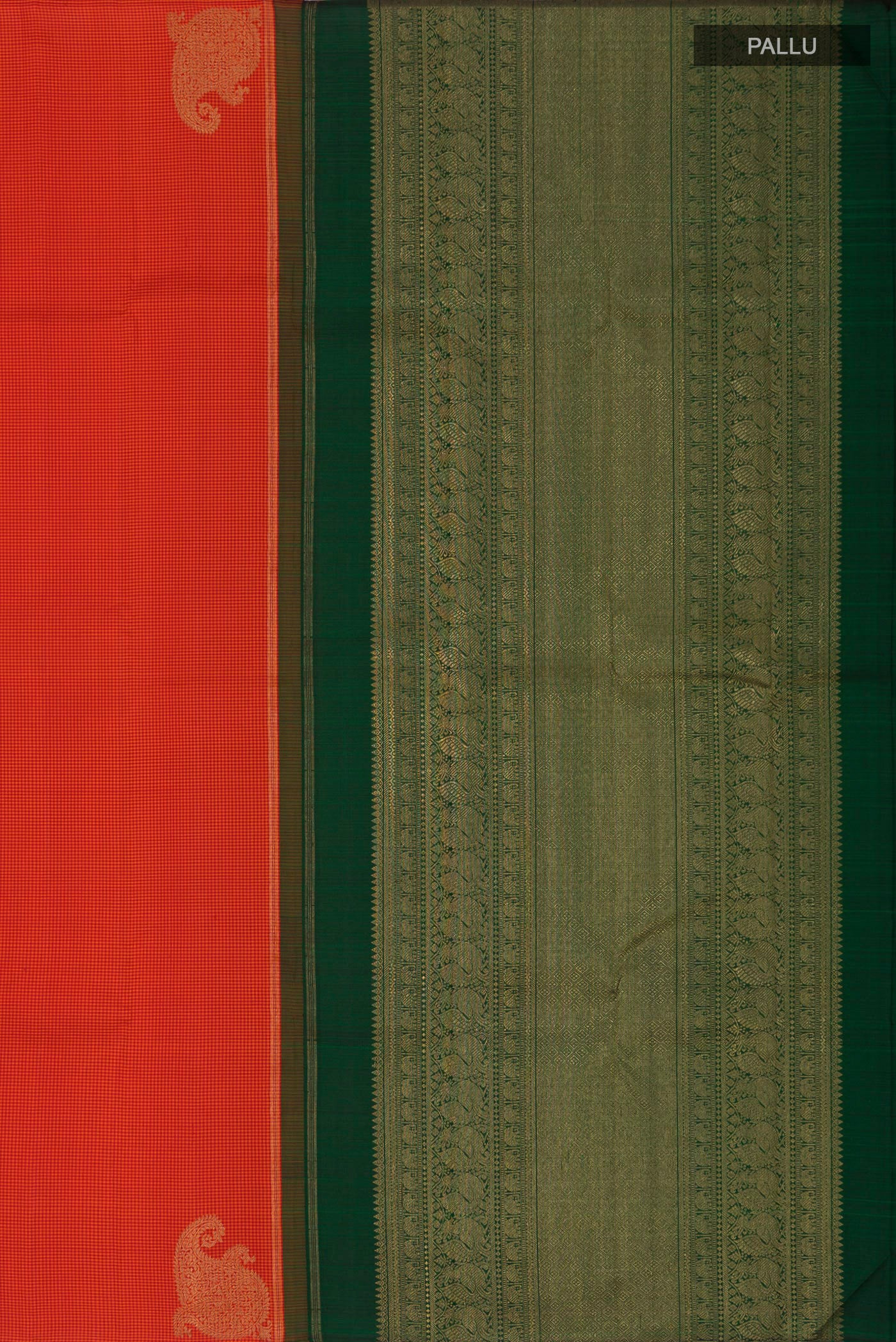 Close up image of the pallu of Pure Silk Pure Zari Orange Kanchipuram Saree with Checked design on the body and Without Border. 