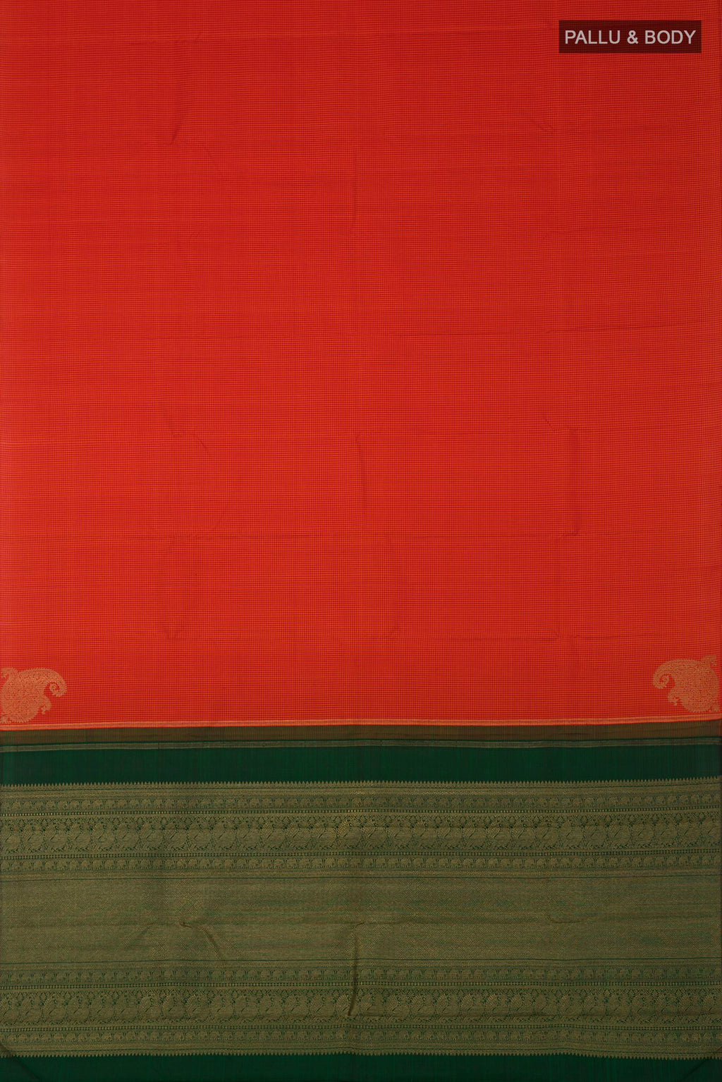 Flat view of Pure Silk Pure Zari Orange Kanchipuram Saree with Checked design on the body and Without Border. 