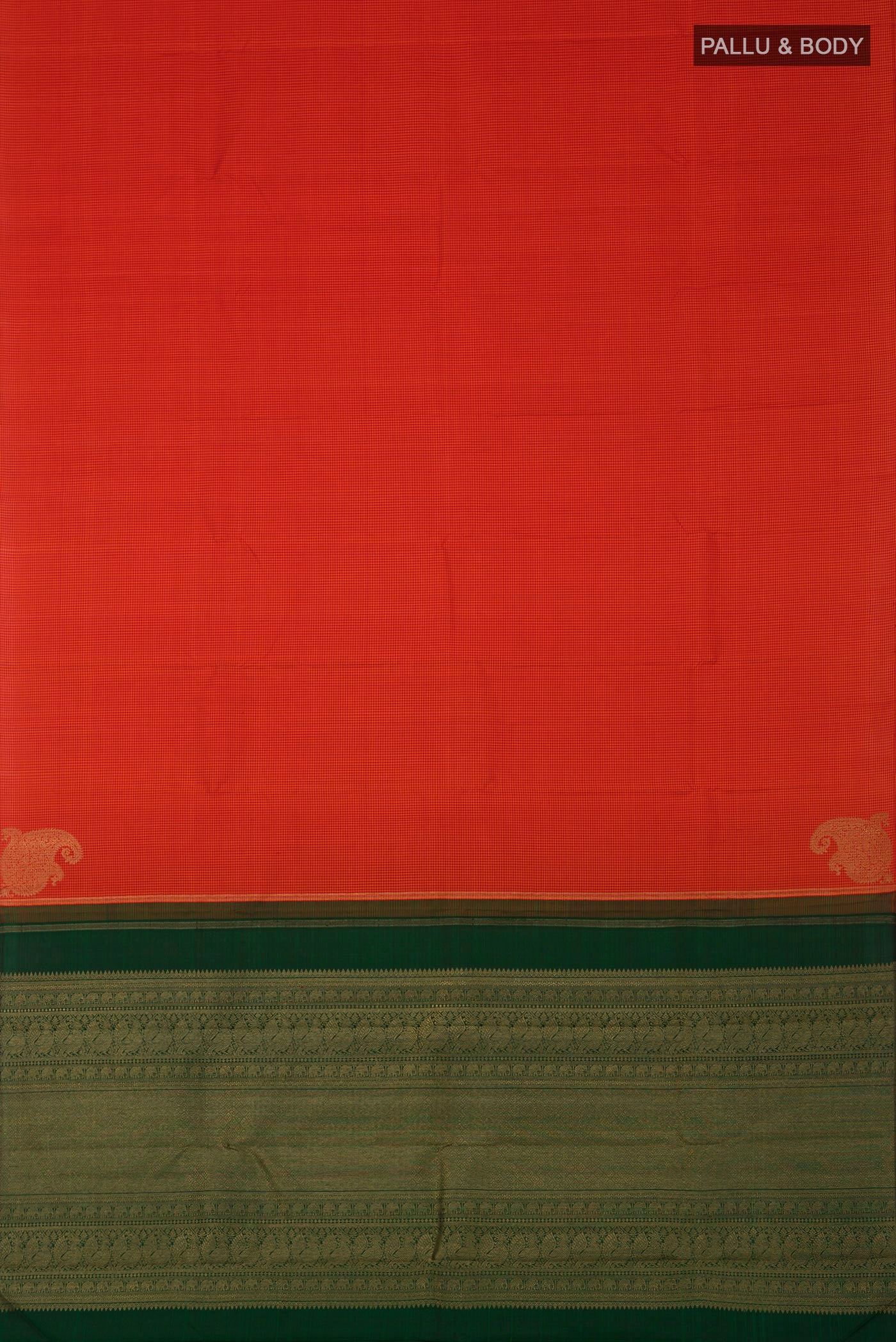 Flat view of Pure Silk Pure Zari Orange Kanchipuram Saree with Checked design on the body and Without Border. 