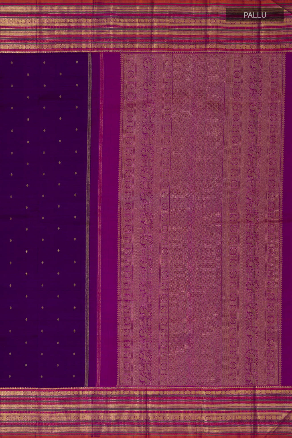 Close up image of the pallu of Pure Silk Pure Zari Purple Kanjivaram Saree with Zari Butta on the body and Zari Border. 