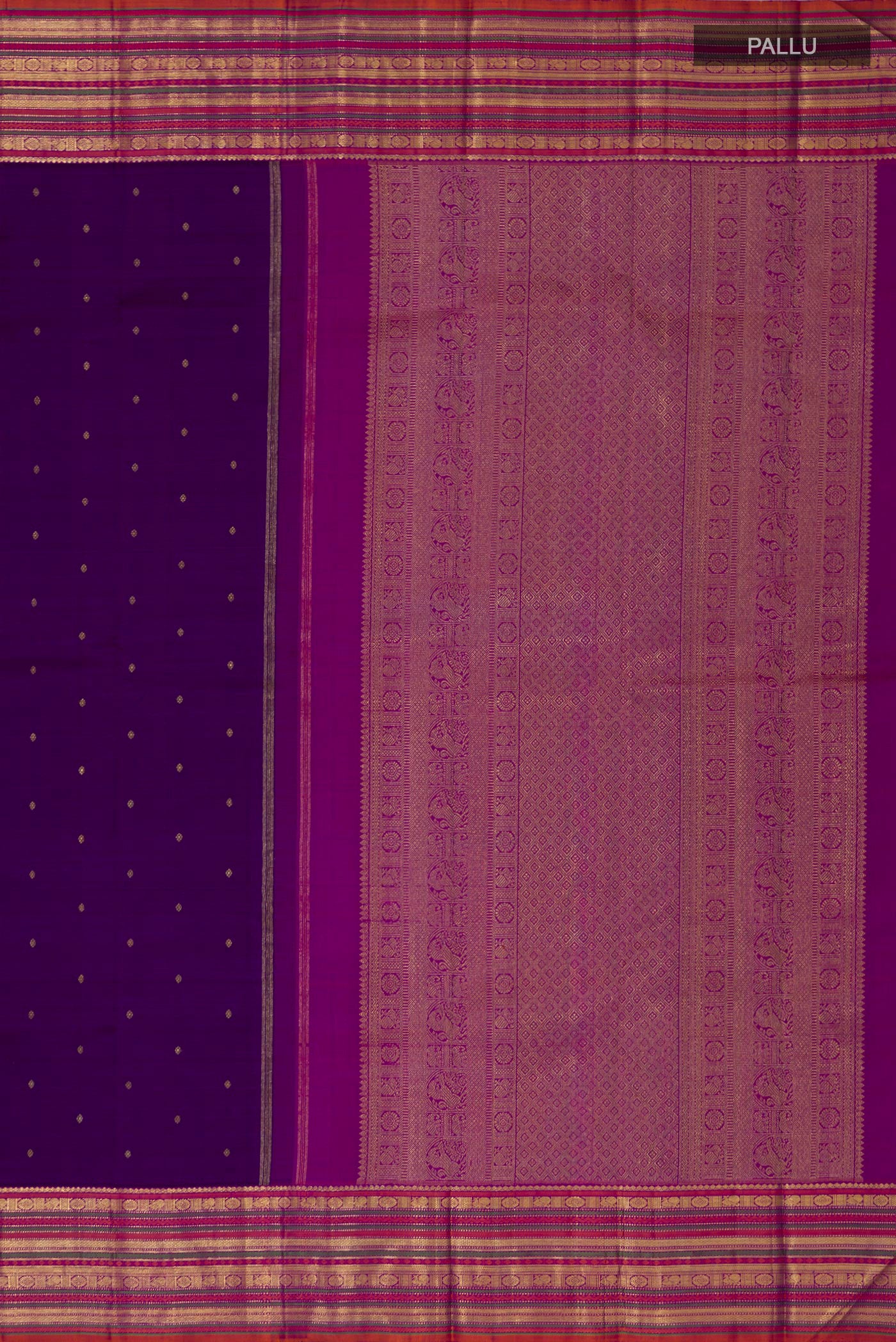 Close up image of the pallu of Pure Silk Pure Zari Purple Kanjivaram Saree with Zari Butta on the body and Zari Border. 