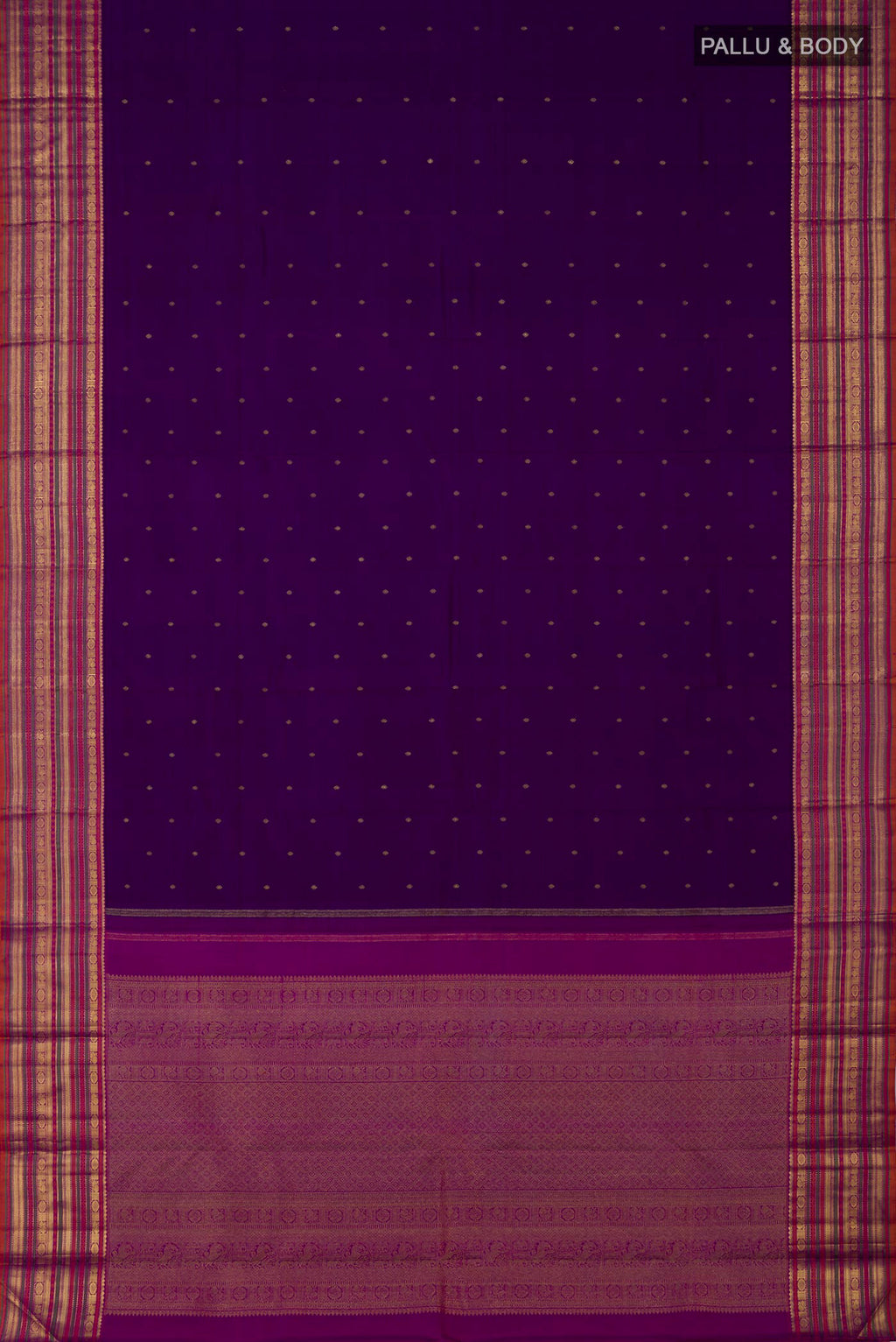 Flat view of Pure Silk Pure Zari Purple Kanjivaram Saree with Zari Butta on the body and Zari Border. 