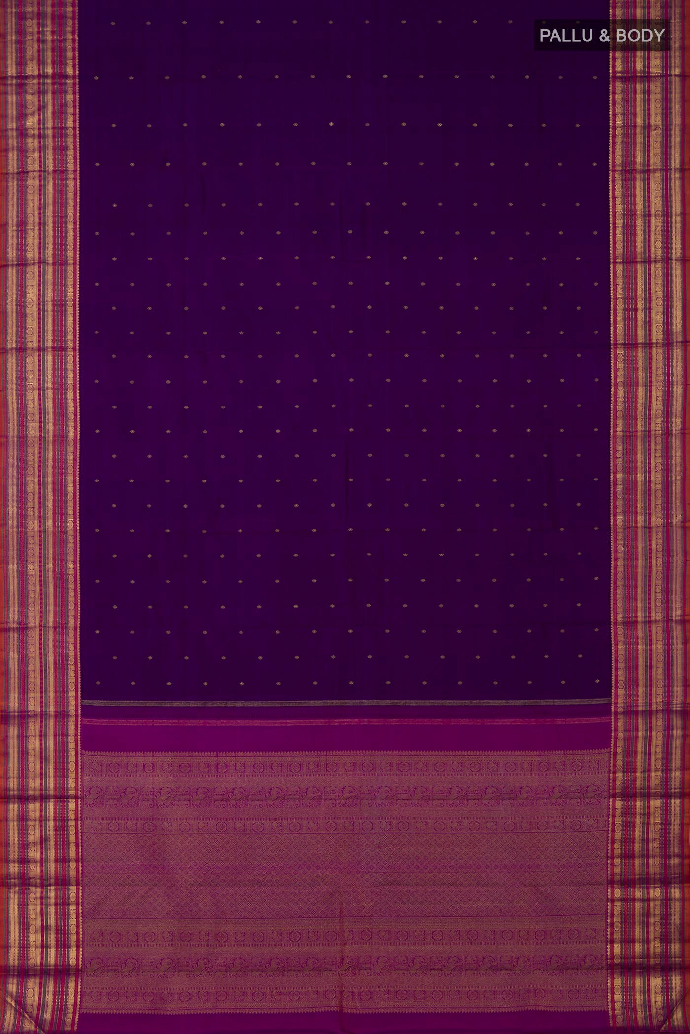 Flat view of Pure Silk Pure Zari Purple Kanjivaram Saree with Zari Butta on the body and Zari Border. 