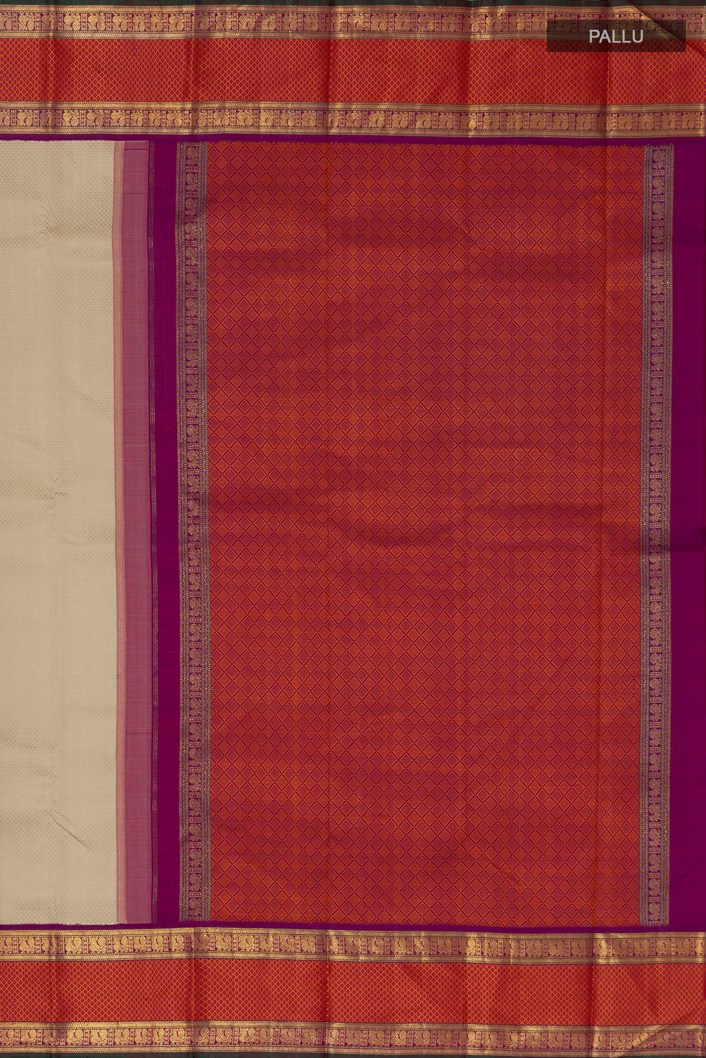 Close up image of the pallu of Pure Silk Pure Zari Cream Kanchipuram Saree with Jacquard design on the body and Zari Border. 
