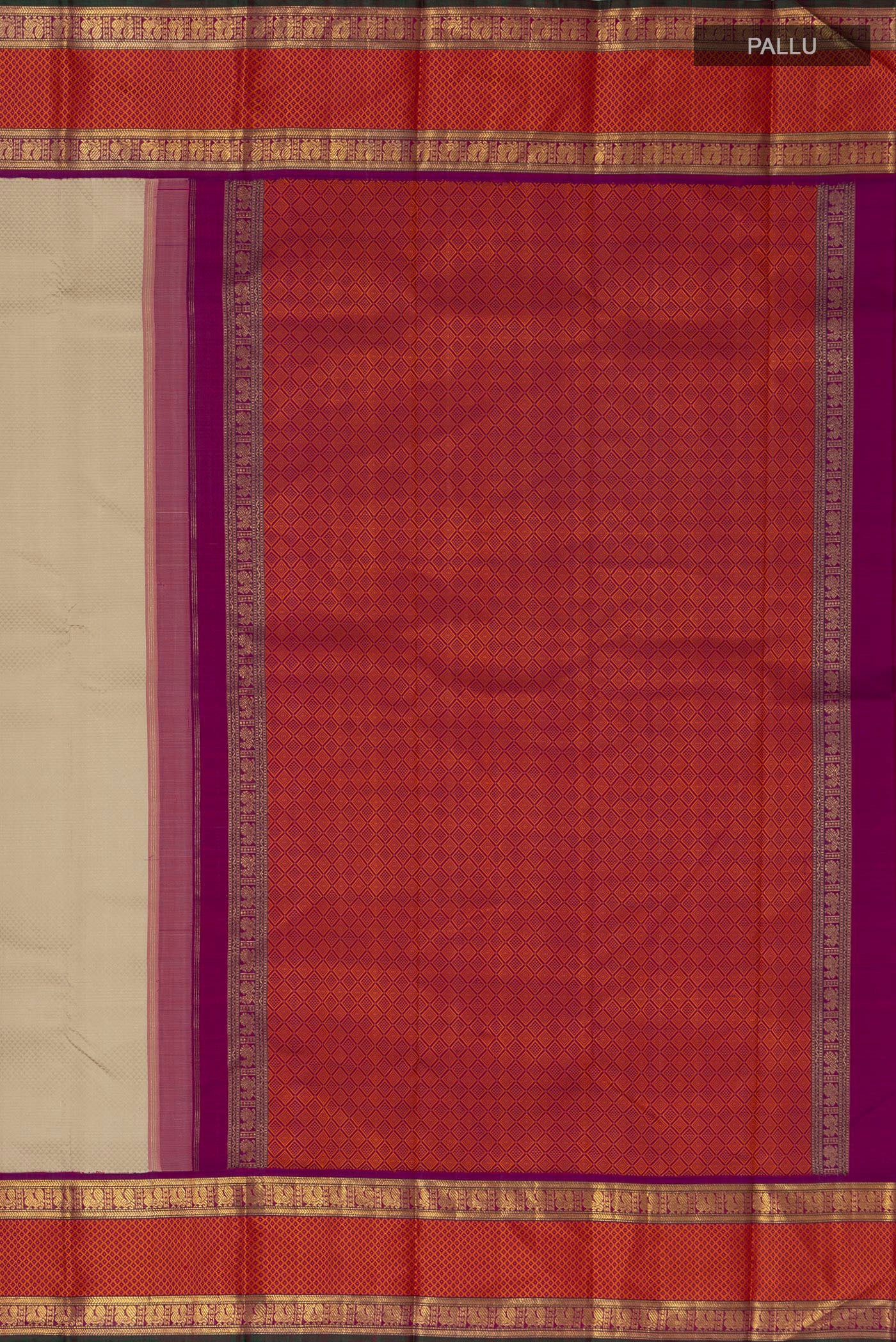 Close up image of the pallu of Pure Silk Pure Zari Cream Kanchipuram Saree with Jacquard design on the body and Zari Border. 