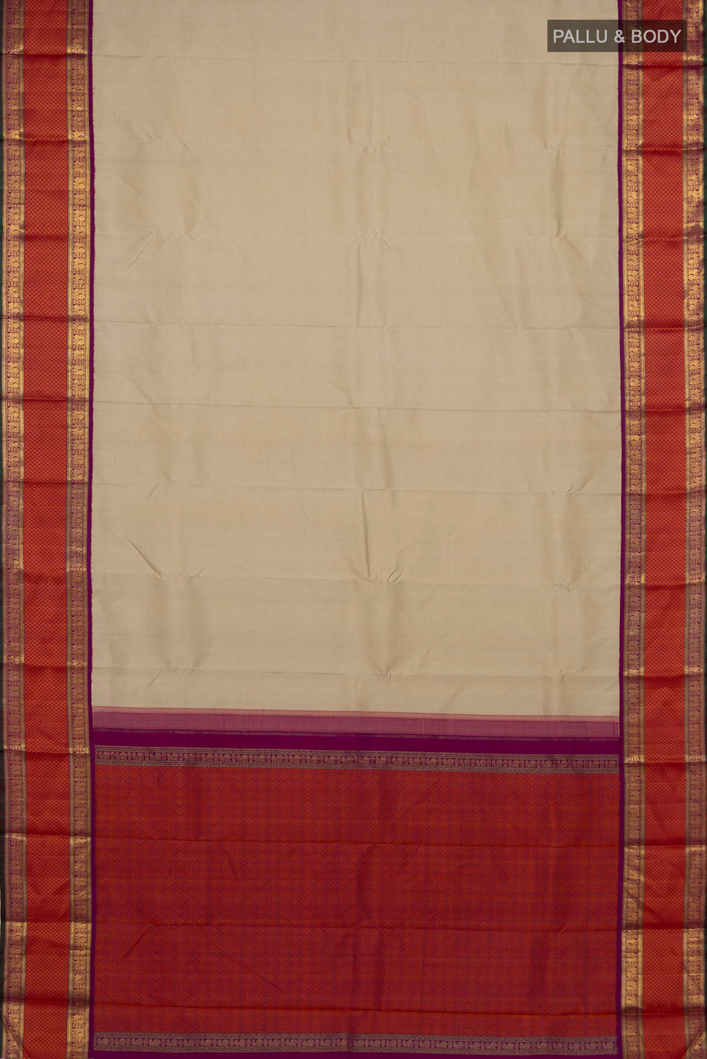 Flat view of Pure Silk Pure Zari Cream Kanchipuram Saree with Jacquard design on the body and Zari Border. 