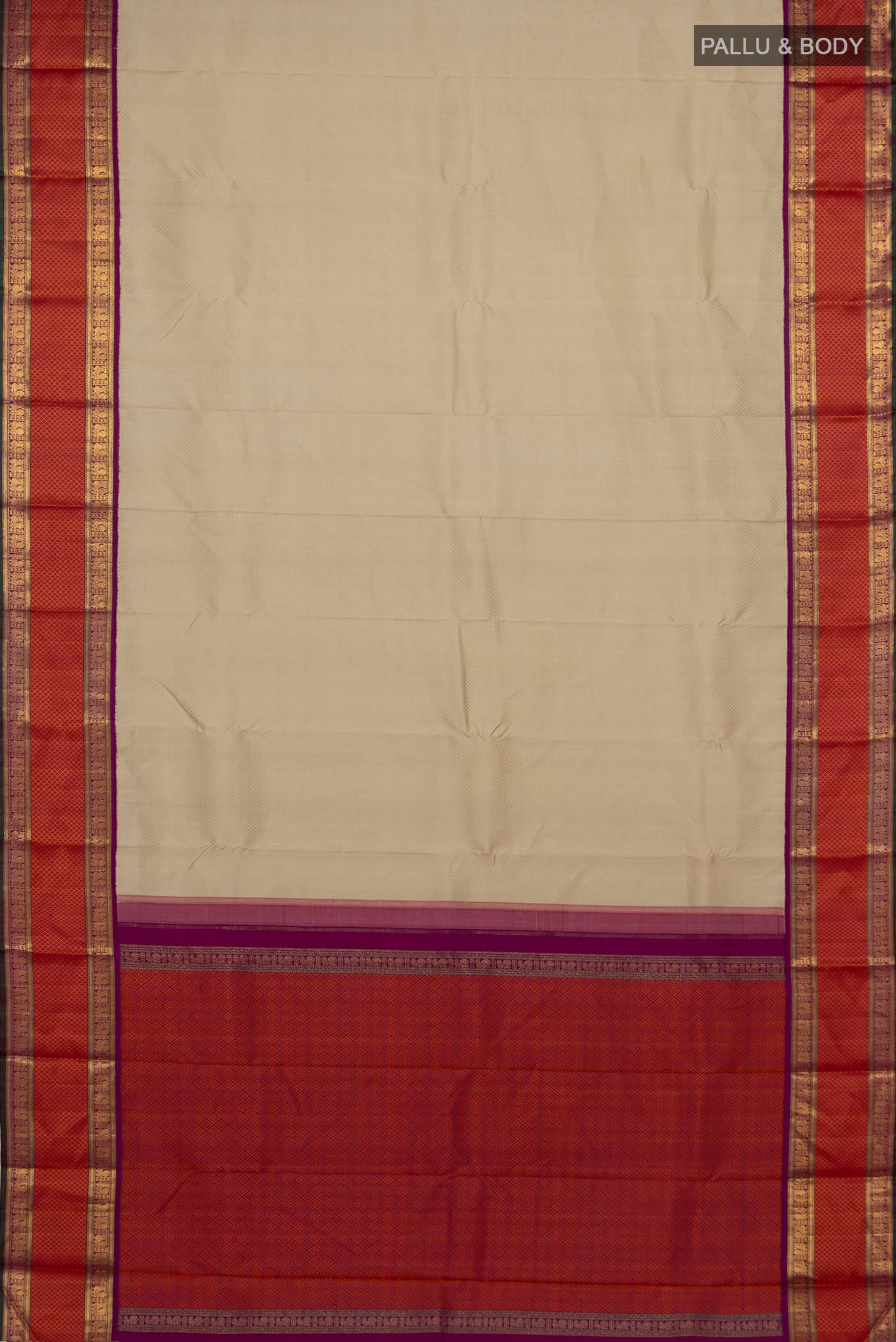 Flat view of Pure Silk Pure Zari Cream Kanchipuram Saree with Jacquard design on the body and Zari Border. 