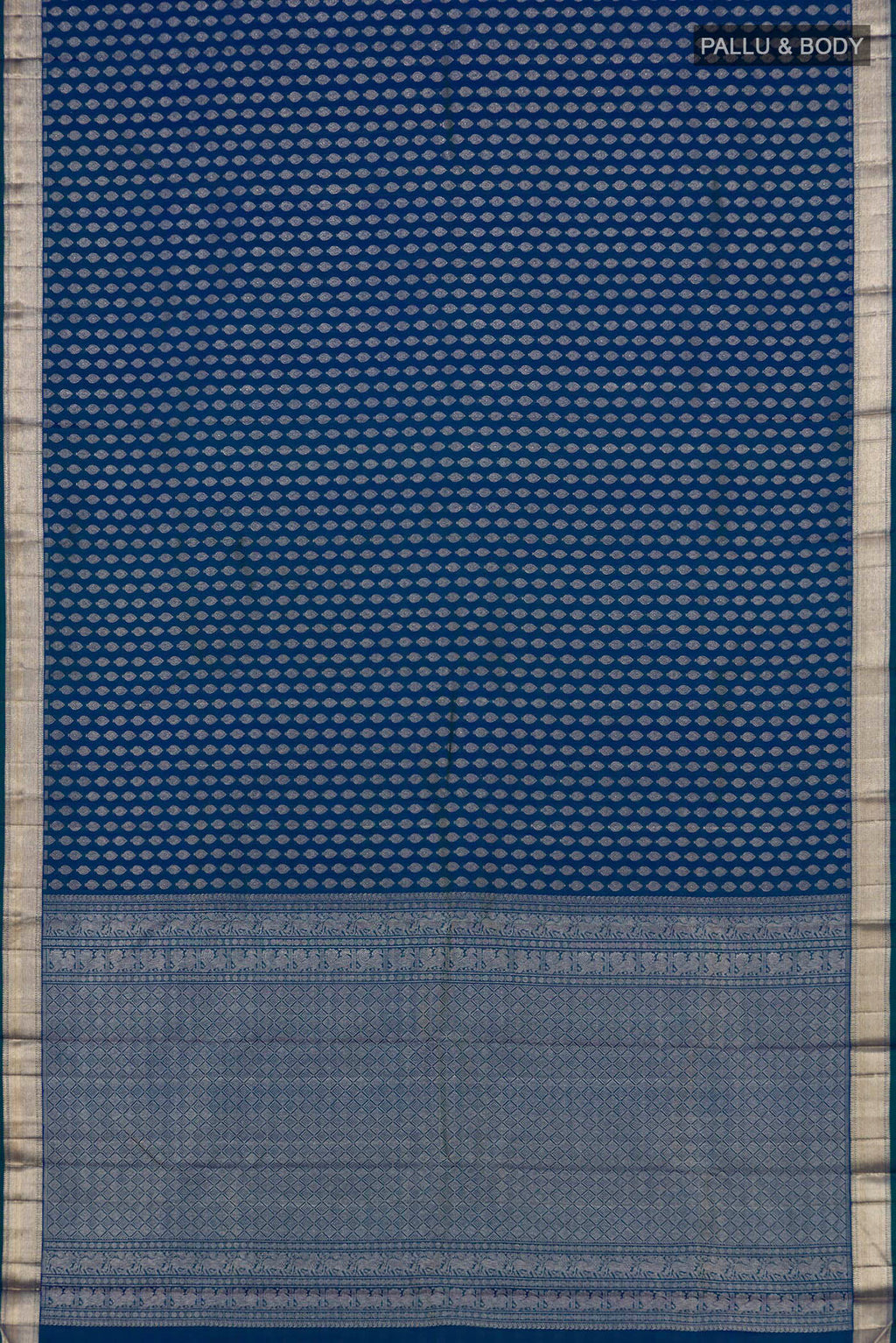 Flat view of Pure Silk Pure Zari Blue Dual Tone Kanchipuram Saree with Zari Brocade on the body and Zari Border. 