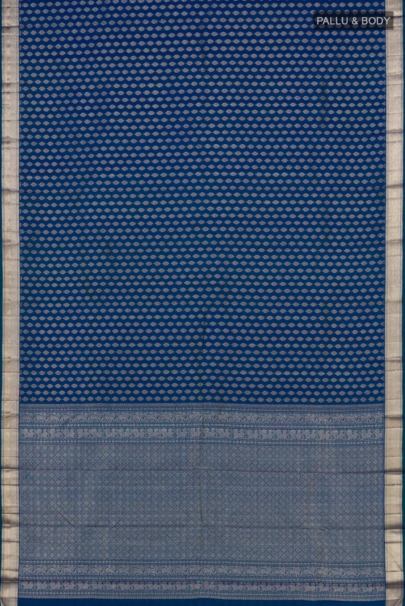 Flat view of Pure Silk Pure Zari Blue Dual Tone Kanchipuram Saree with Zari Brocade on the body and Zari Border. 