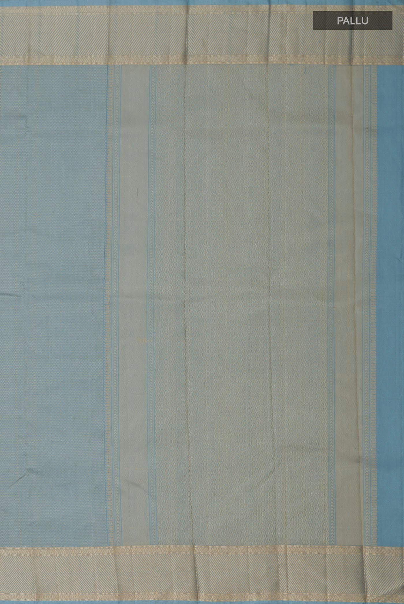 Close up image of the pallu of Sky Blue Kanchipuram Silk Saree with Jacquard design on the body and Thread Border. 