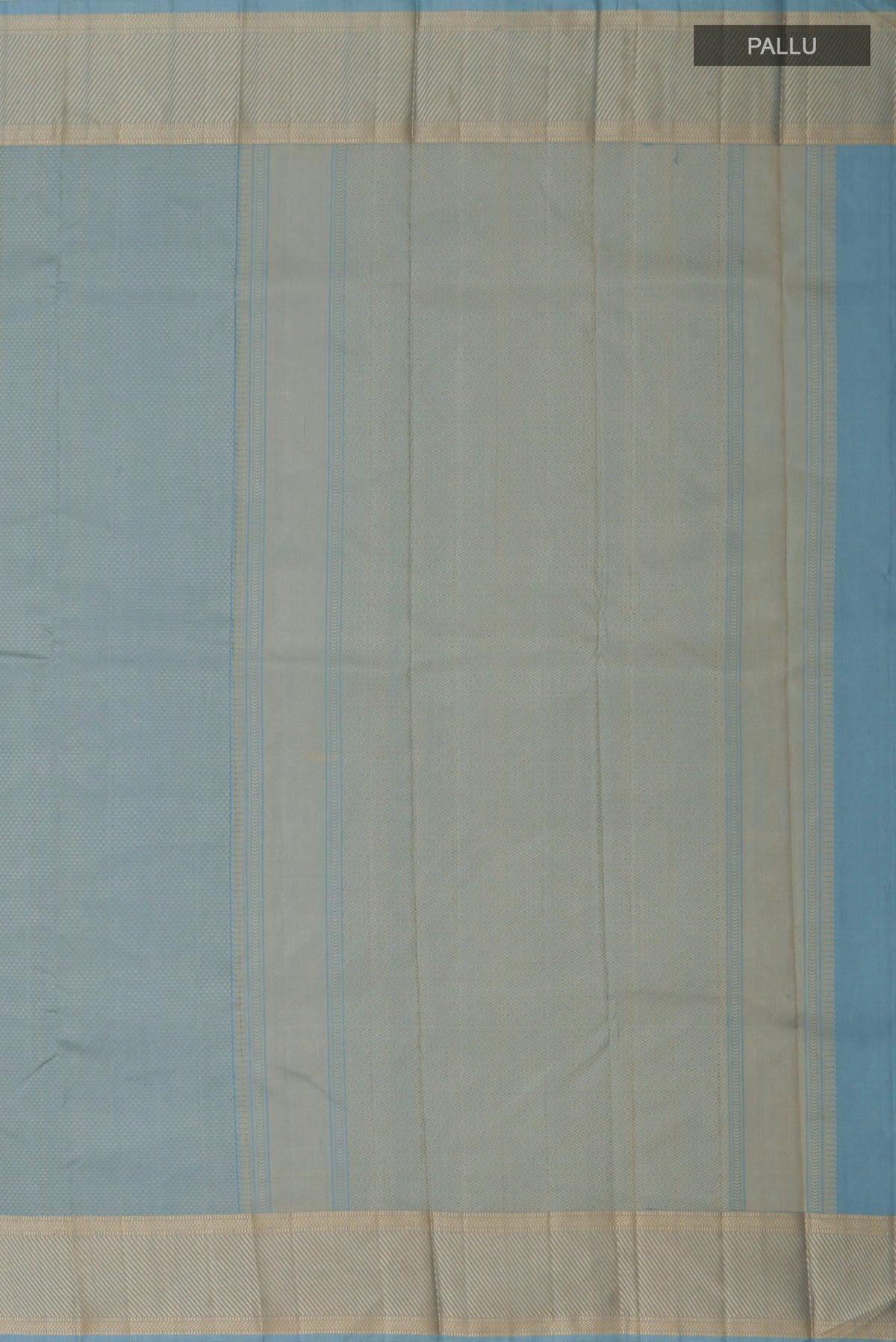 Close up image of the pallu of Sky Blue Kanchipuram Silk Saree with Jacquard design on the body and Thread Border. 