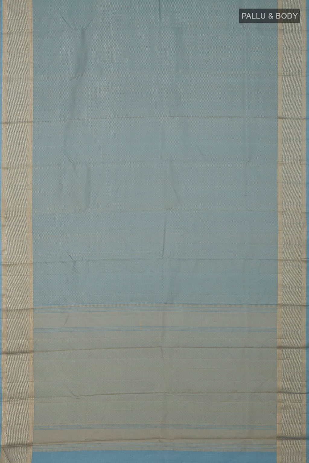 Flat view of Sky Blue Kanchipuram Silk Saree with Jacquard design on the body and Thread Border. 