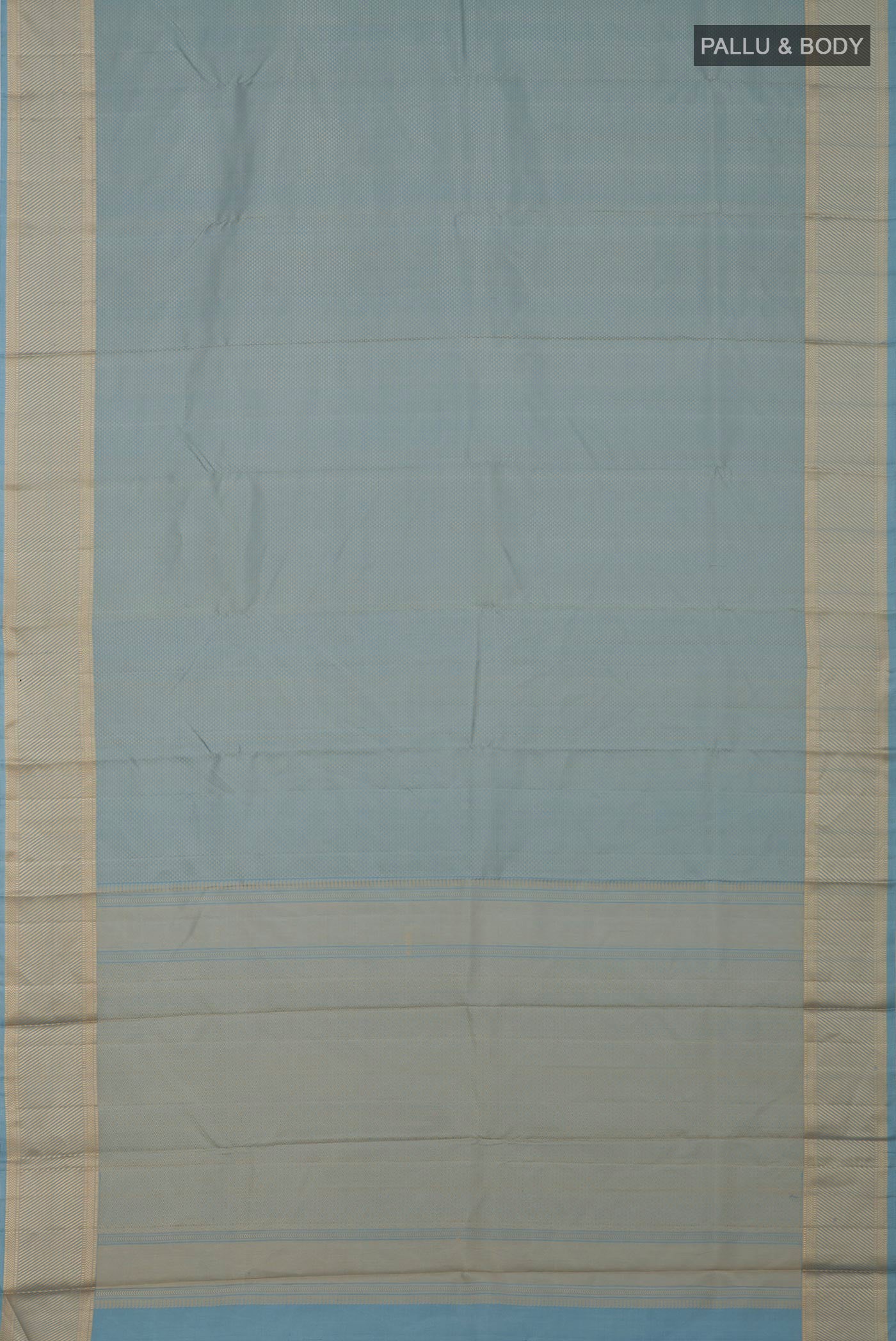 Flat view of Sky Blue Kanchipuram Silk Saree with Jacquard design on the body and Thread Border. 
