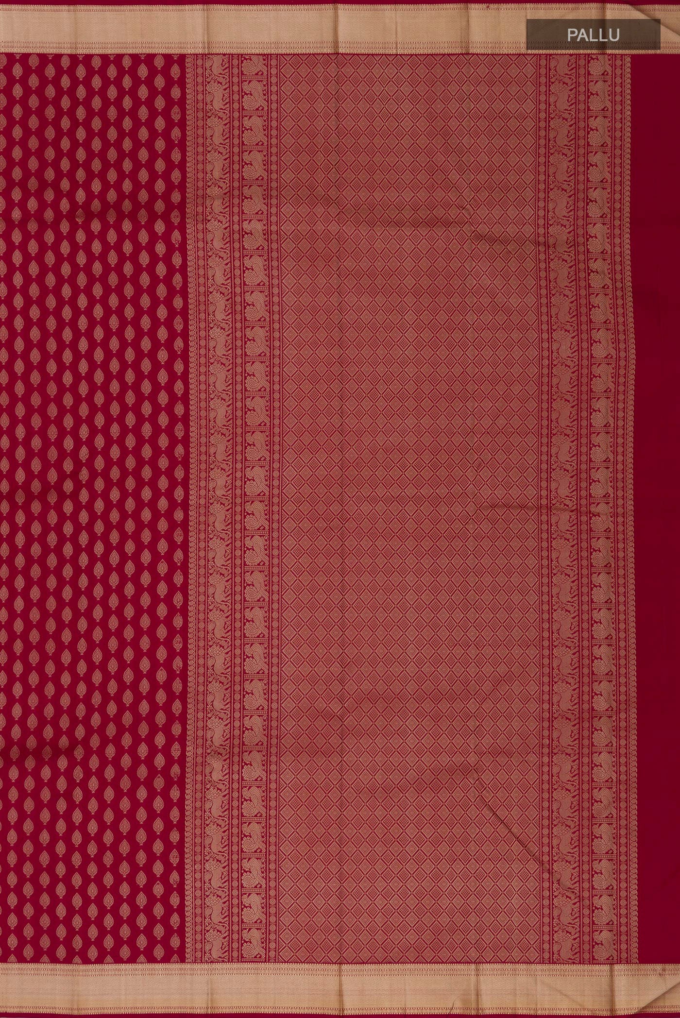 Close up image of the pallu of Maroon Kanchipuram Silk Saree with Thread Butta on the body and Thread Border. 
