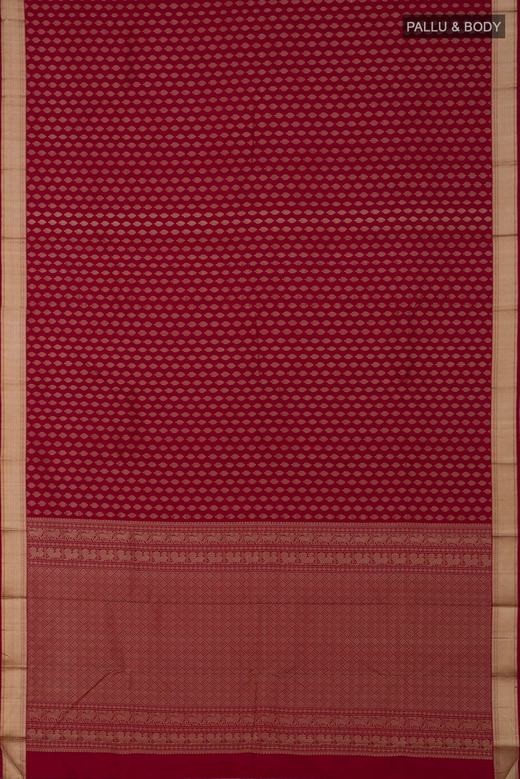 Flat view of Maroon Kanchipuram Silk Saree with Thread Butta on the body and Thread Border. 
