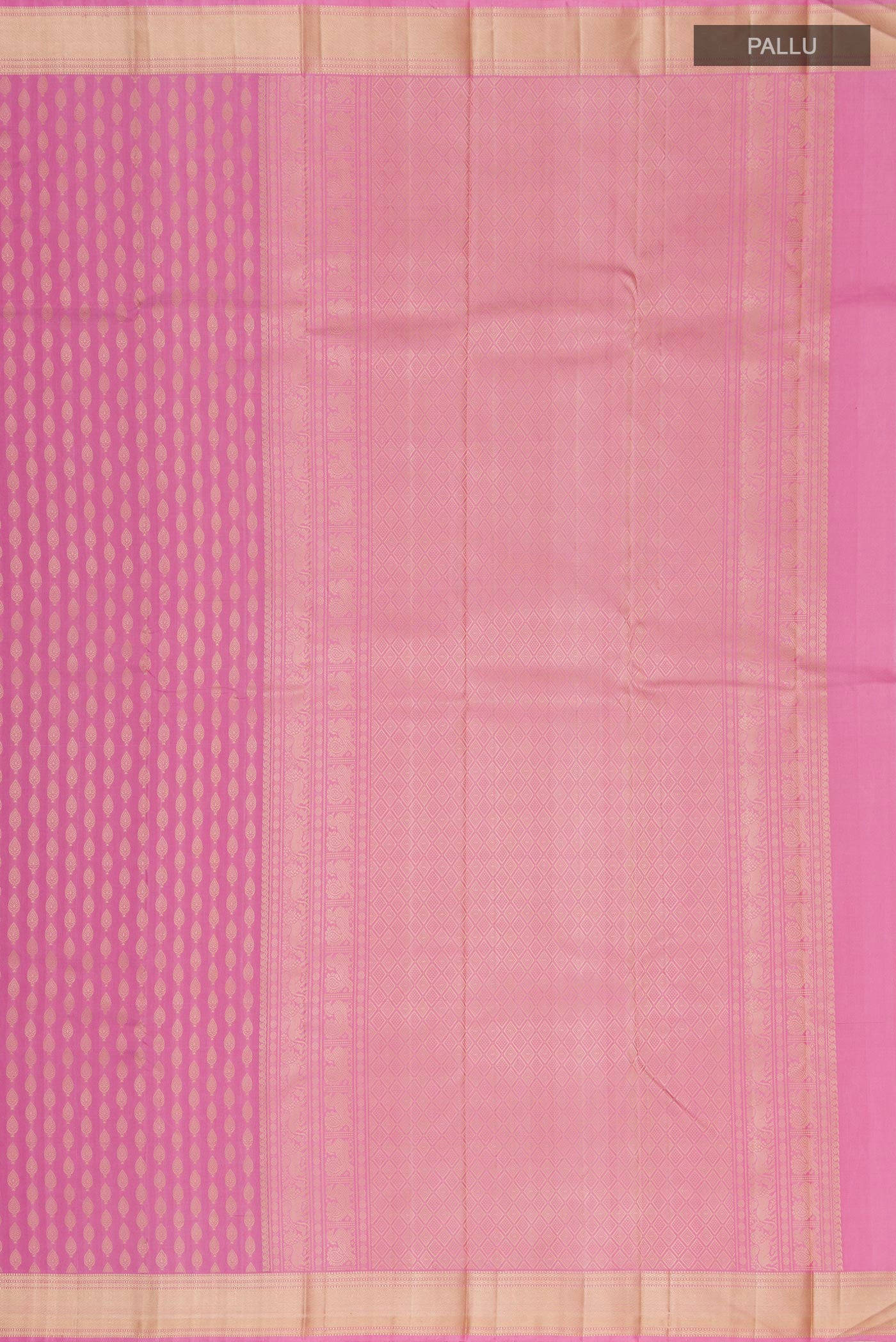 Close up image of the pallu of Pink Kanchipuram Silk Saree with Thread Brocade on the body and Thread Border. 